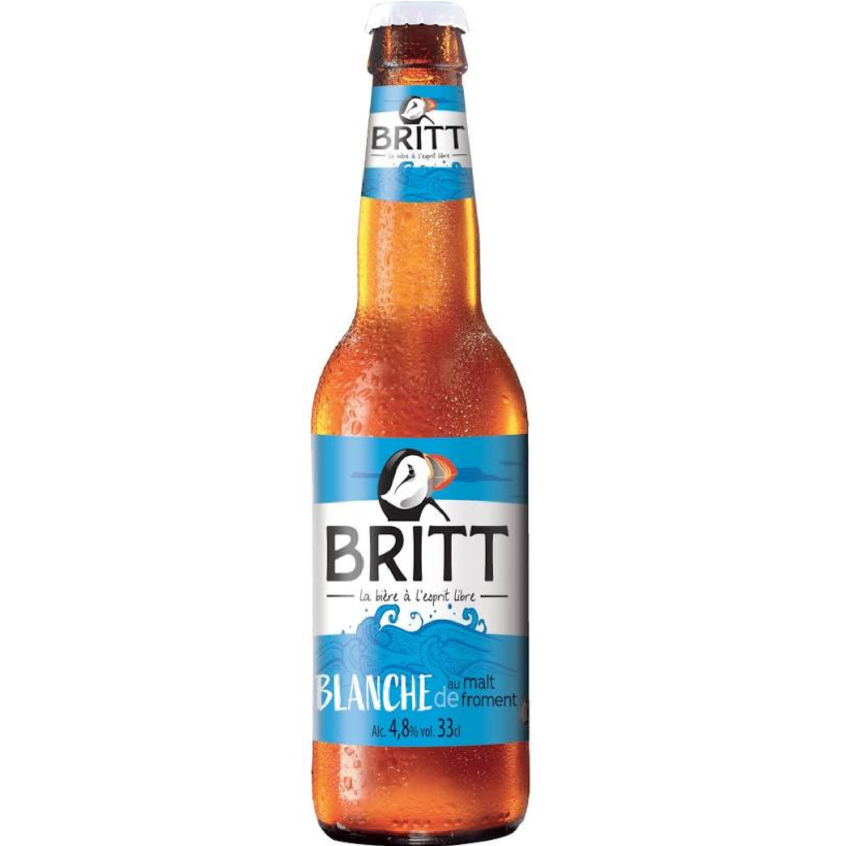 Blanche Beer by BRITT, French craft wheat beer from Brittany with citrus aromas, delicate spices, refreshing taste, and a smooth golden appearance.