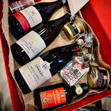Epicurean Heritage Gift Hamper featuring fine French wines, foie gras, truffle products, sardines, terrine, and Sicilian olive oil.