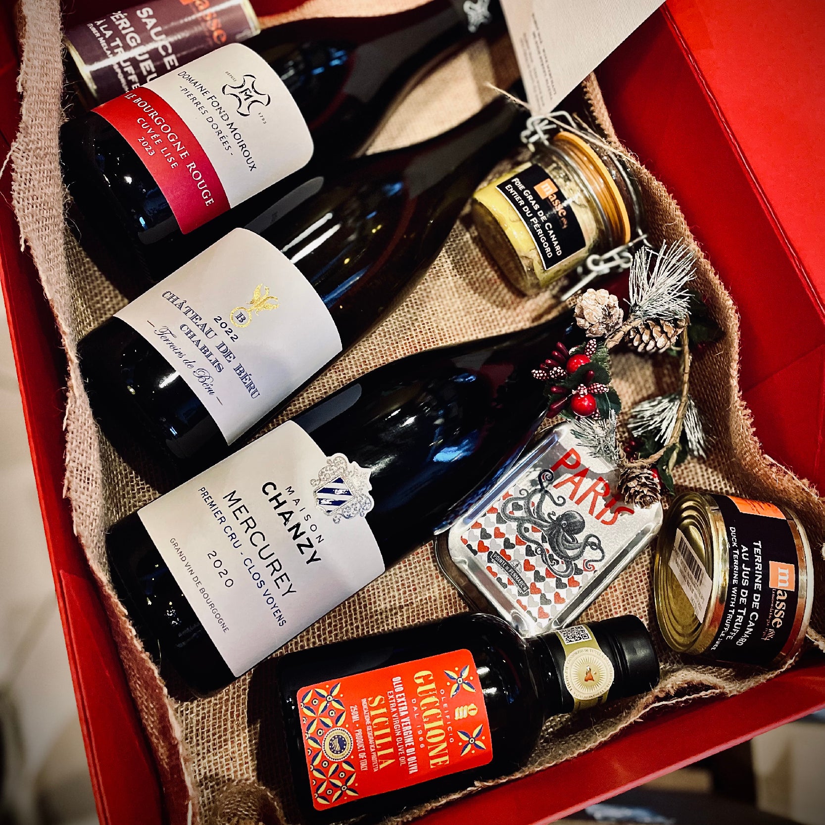 Epicurean Heritage Gift Hamper featuring fine French wines, foie gras, truffle products, sardines, terrine, and Sicilian olive oil.