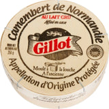 Camembert de Normandie AOP Gillot 250g, authentic French raw milk cheese with bloomy rind, creamy texture and rich Normandy flavor.