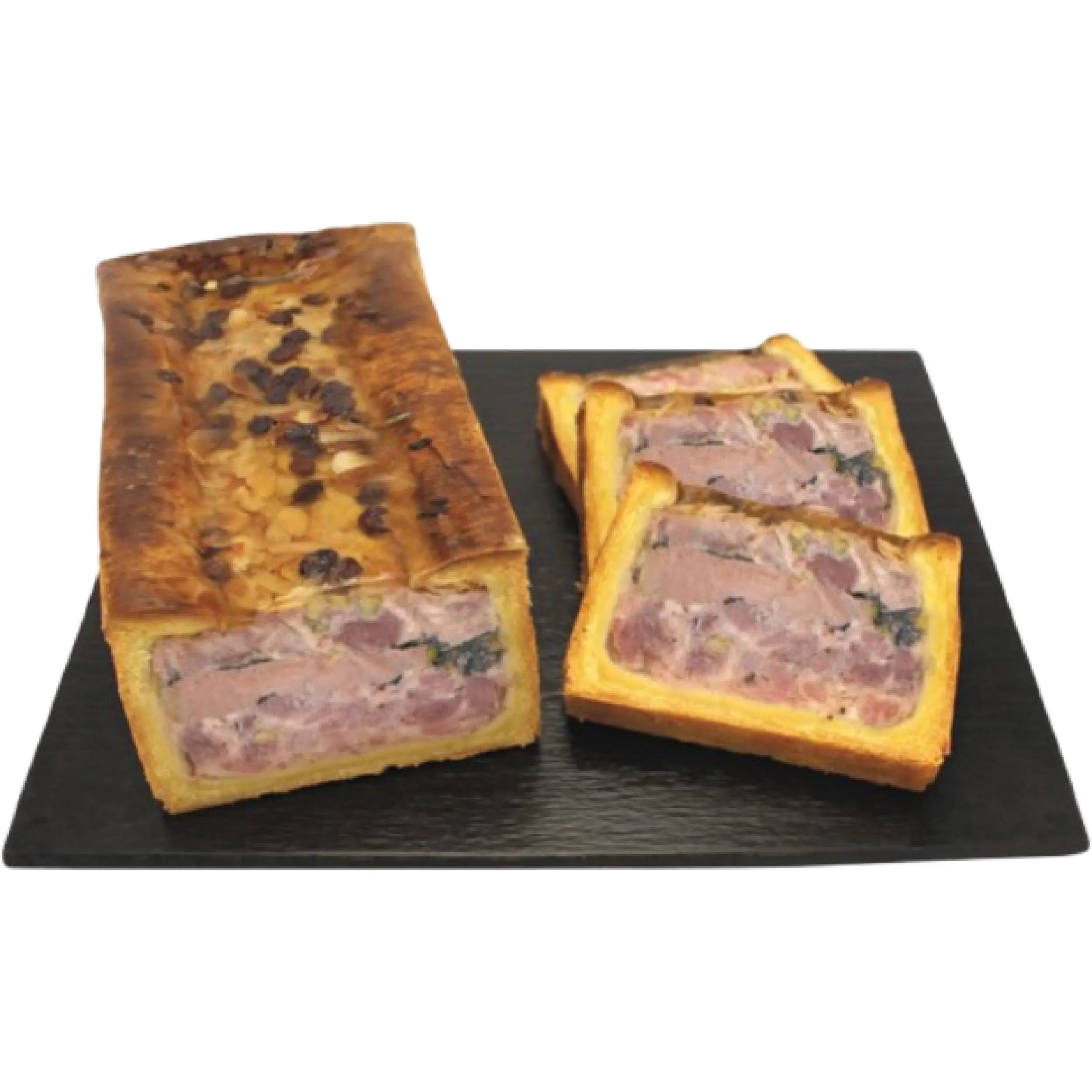 Caterer’s Pâté en Croûte Maison Bolard, traditional French pâté baked in golden pastry crust, gourmet charcuterie specialty ready to slice.