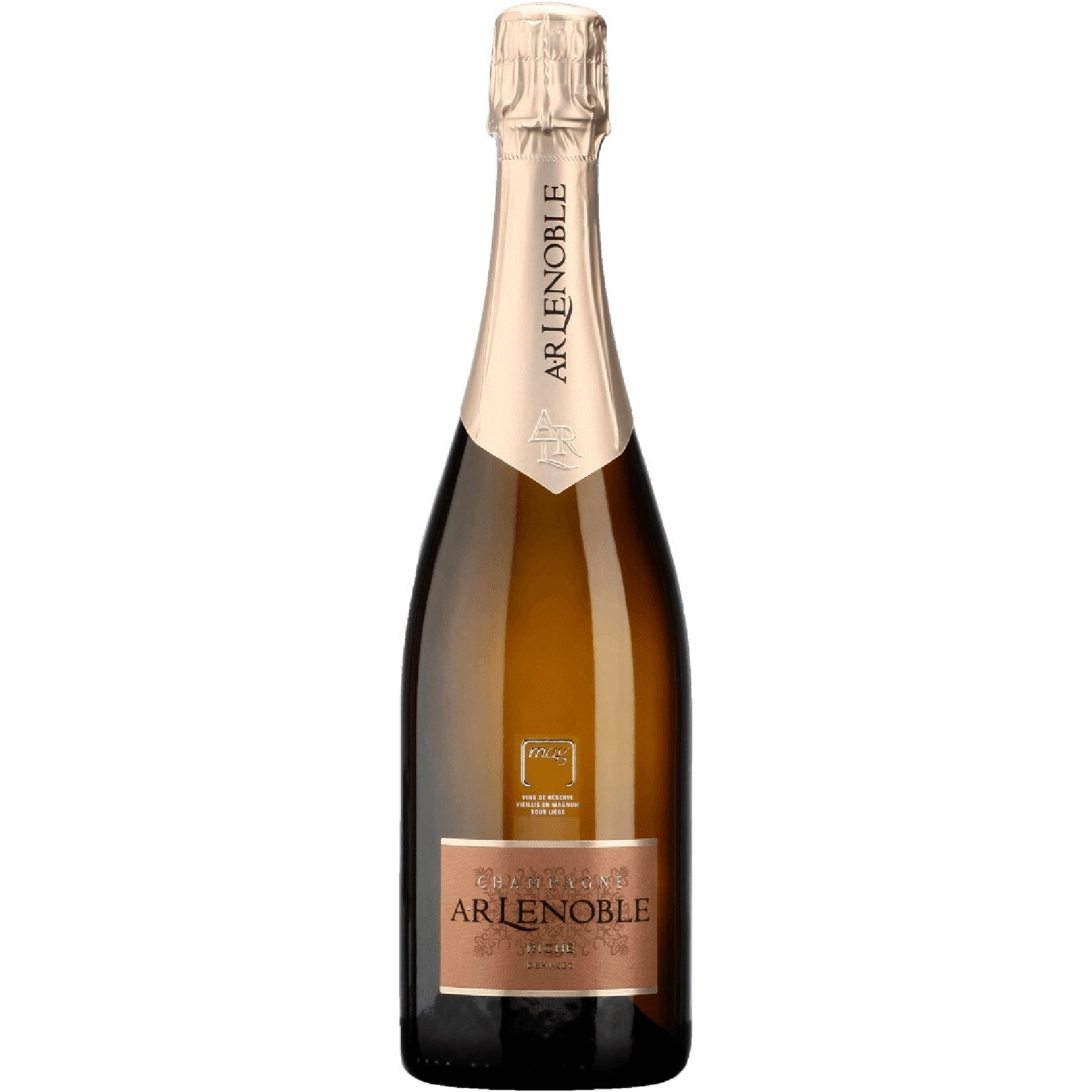 Bottle of Le Noble Riche Demi-Sec V.17 Champagne, golden hue with fine bubbles, elegant label, symbol of refined sweetness and French craftsmanship.