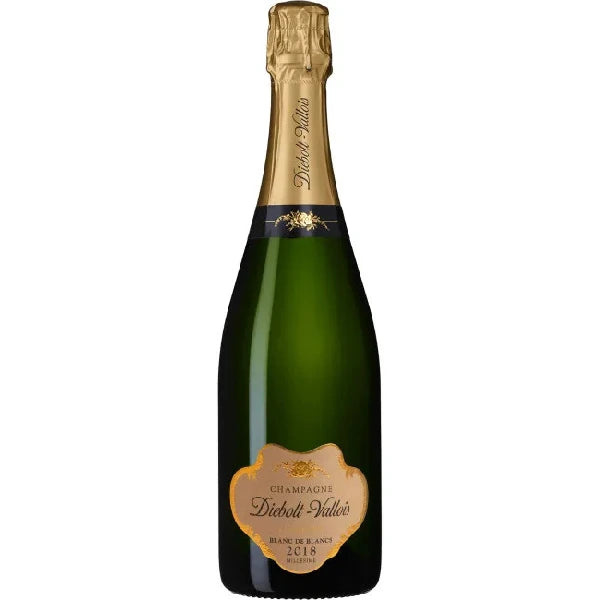 Elegant bottle of Diebolt-Vallois Blanc de Blancs 2018 Champagne, featuring a golden cap and label on a deep green glass, showcasing the premium quality of this vintage sparkling wine.