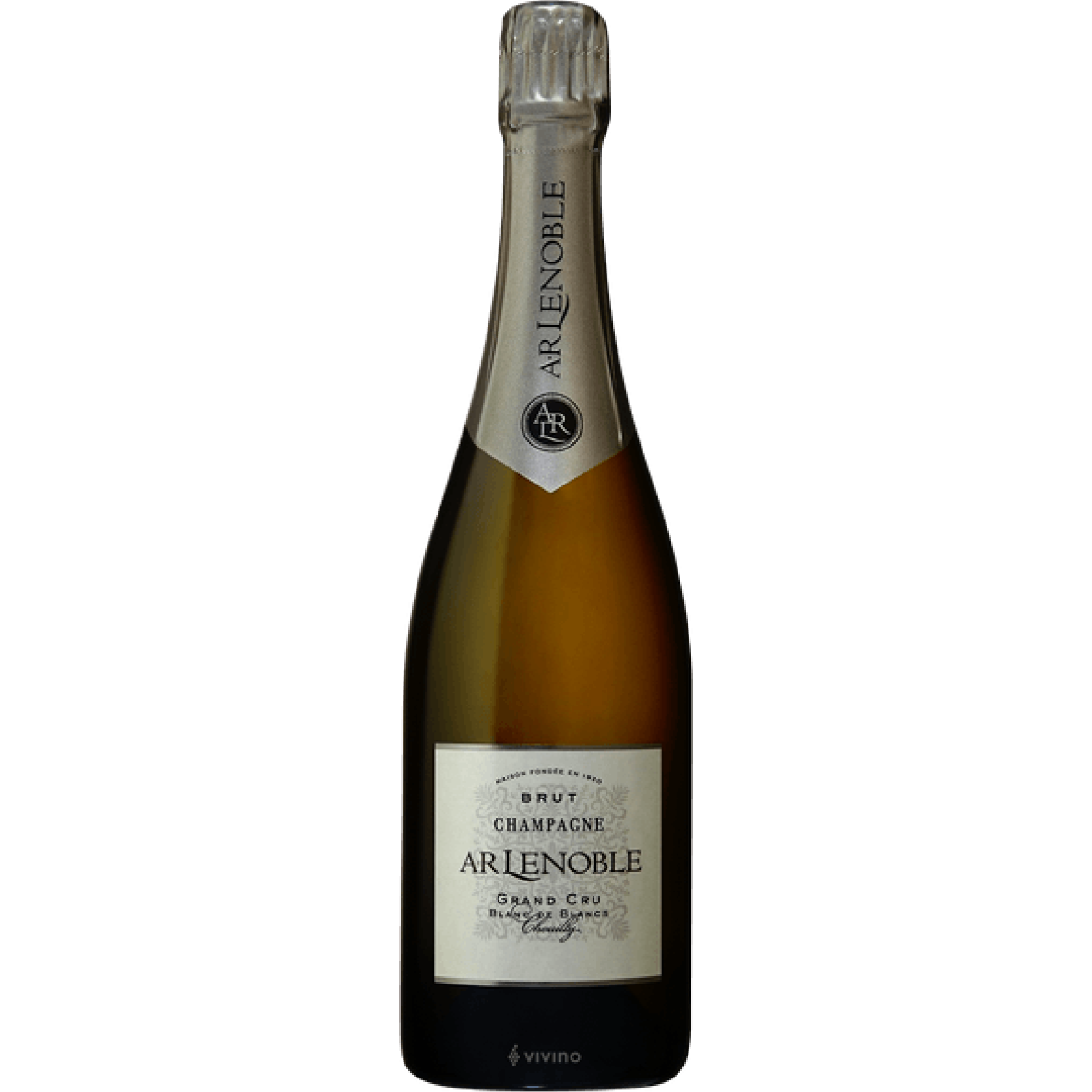 Bottle of Le Noble Blanc de Blancs Grand Cru V.20 Champagne, pale golden hue with fine bubbles, elegant label showcasing French craftsmanship.