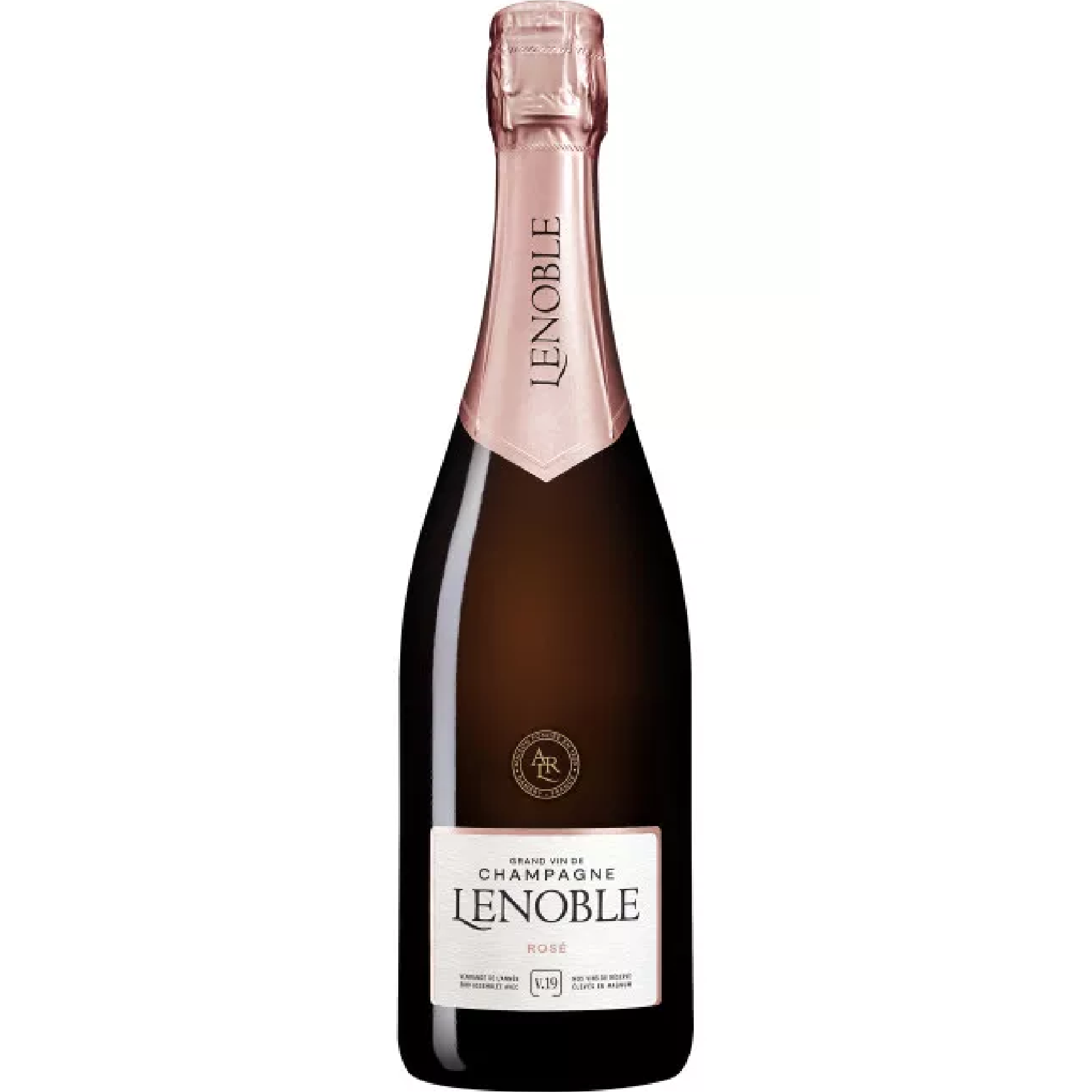 Bottle of Le Noble V.19 Rosé Champagne, delicate salmon-pink color with fine bubbles, elegant label, showcasing French craftsmanship.