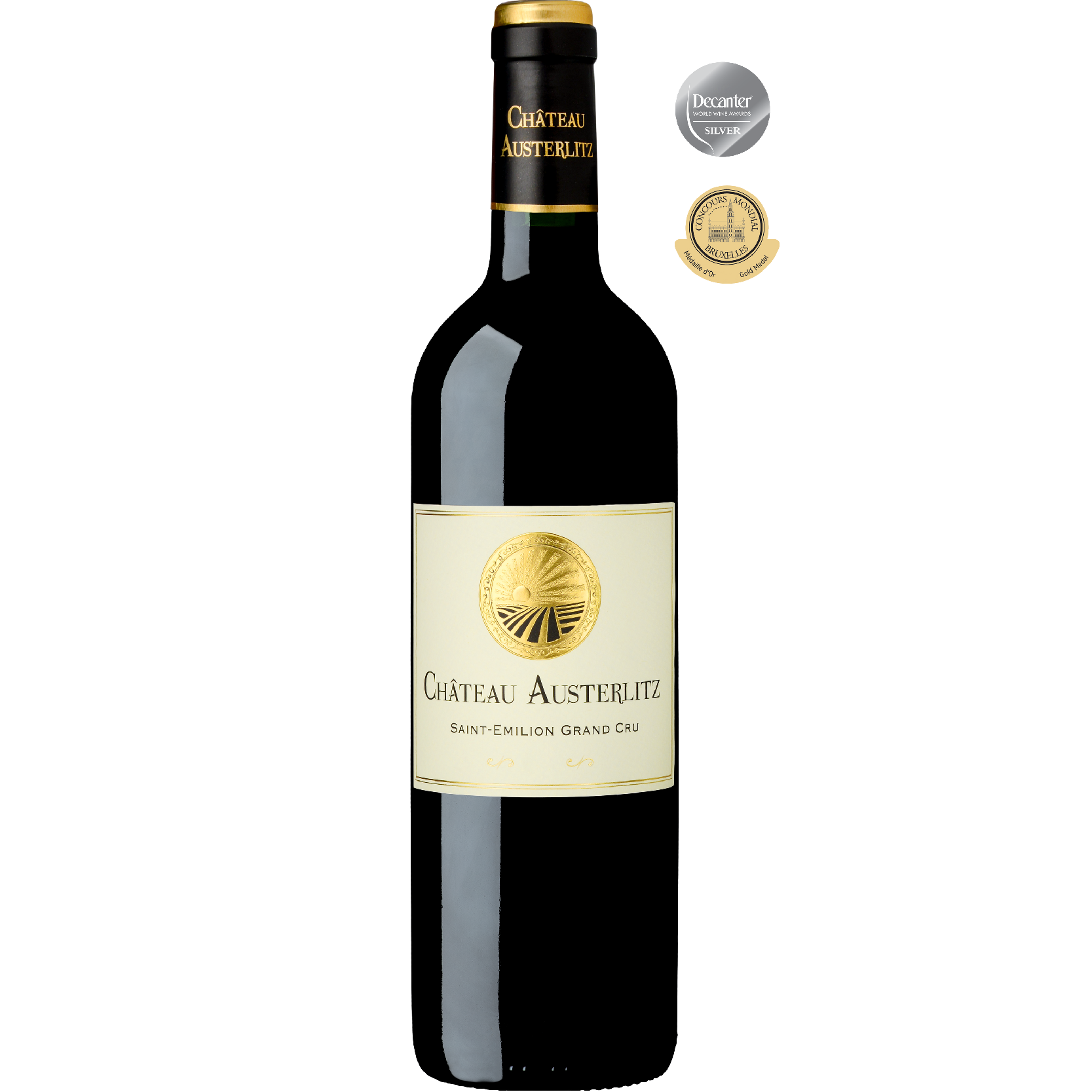 Bottle of Château Austerlitz Saint-Émilion Grand Cru 2020, showcasing deep red color and elegant aroma of ripe black fruits and subtle spice.