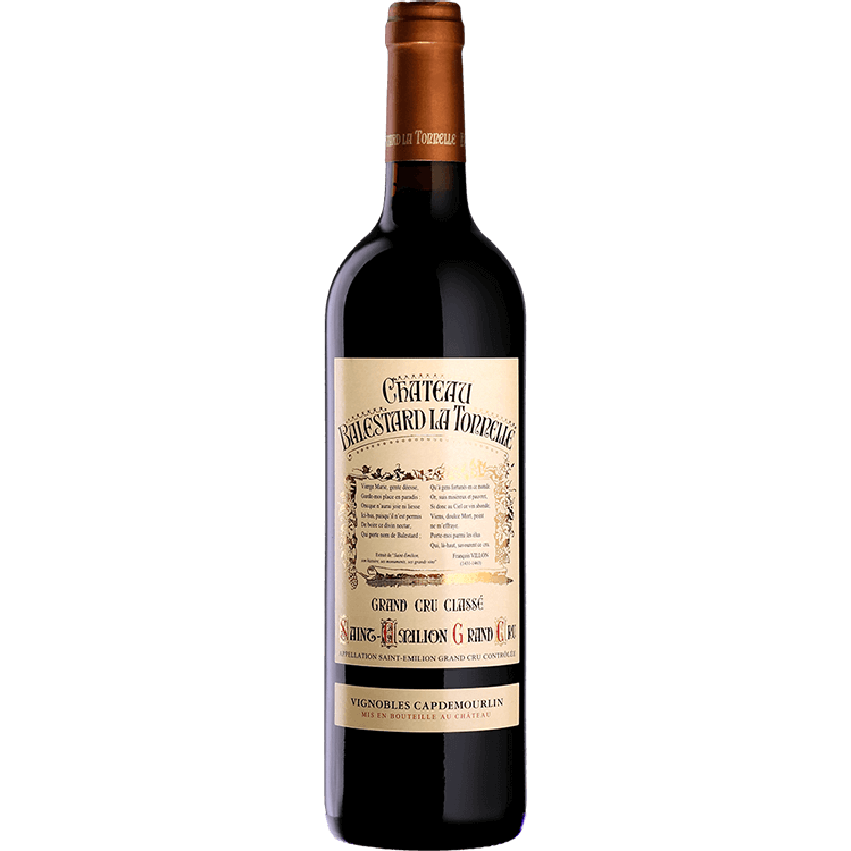 Bottle of Château Balestard La Tonnelle 2018 Saint-Émilion Grand Cru Classé, elegant Bordeaux red wine with ripe black fruits and refined oak notes.
