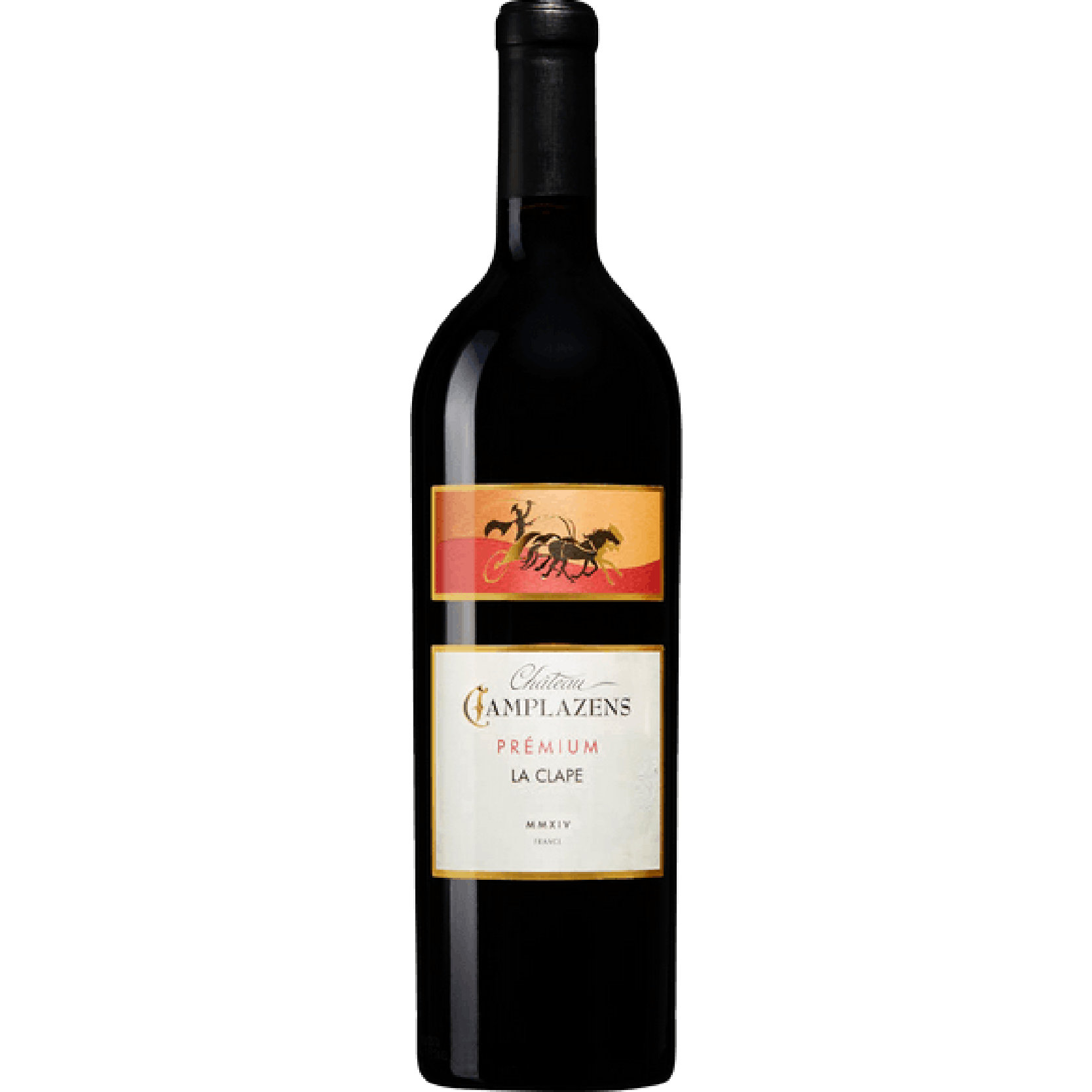 Bottle of Château Camplazens “Premium” 2023 – AOC La Clape red wine from Languedoc, elegant and full-bodied with notes of dark fruit, spice, and Mediterranean garrigue.