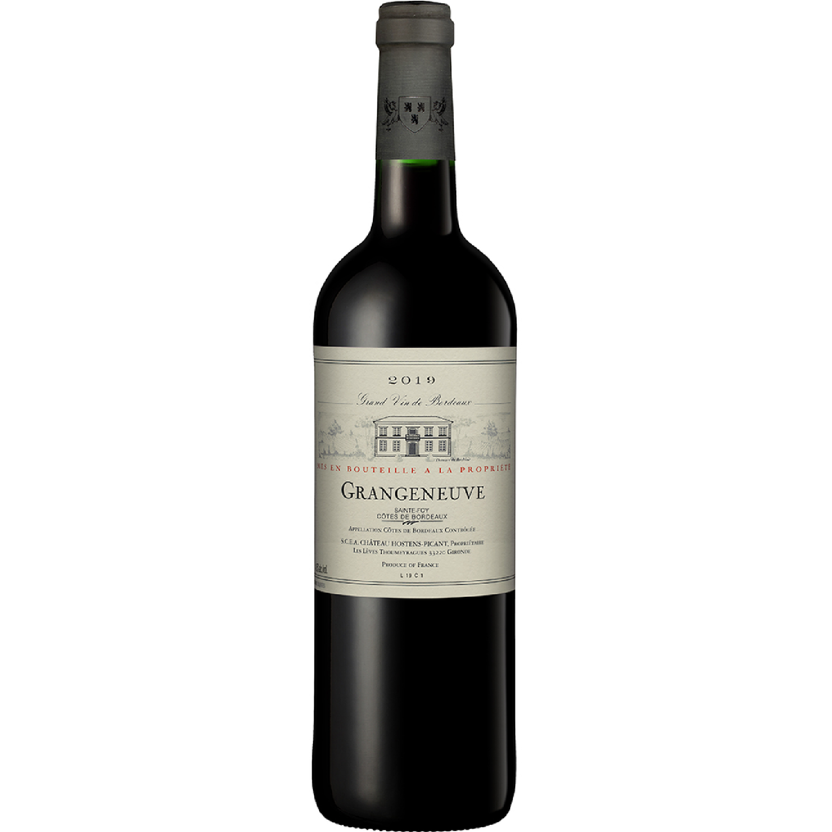 Château Hostens-Picant Grangeneuve Rouge 2024, Bordeaux red wine with ripe black fruit, refined tannins, fresh structure, and elegant woody notes.