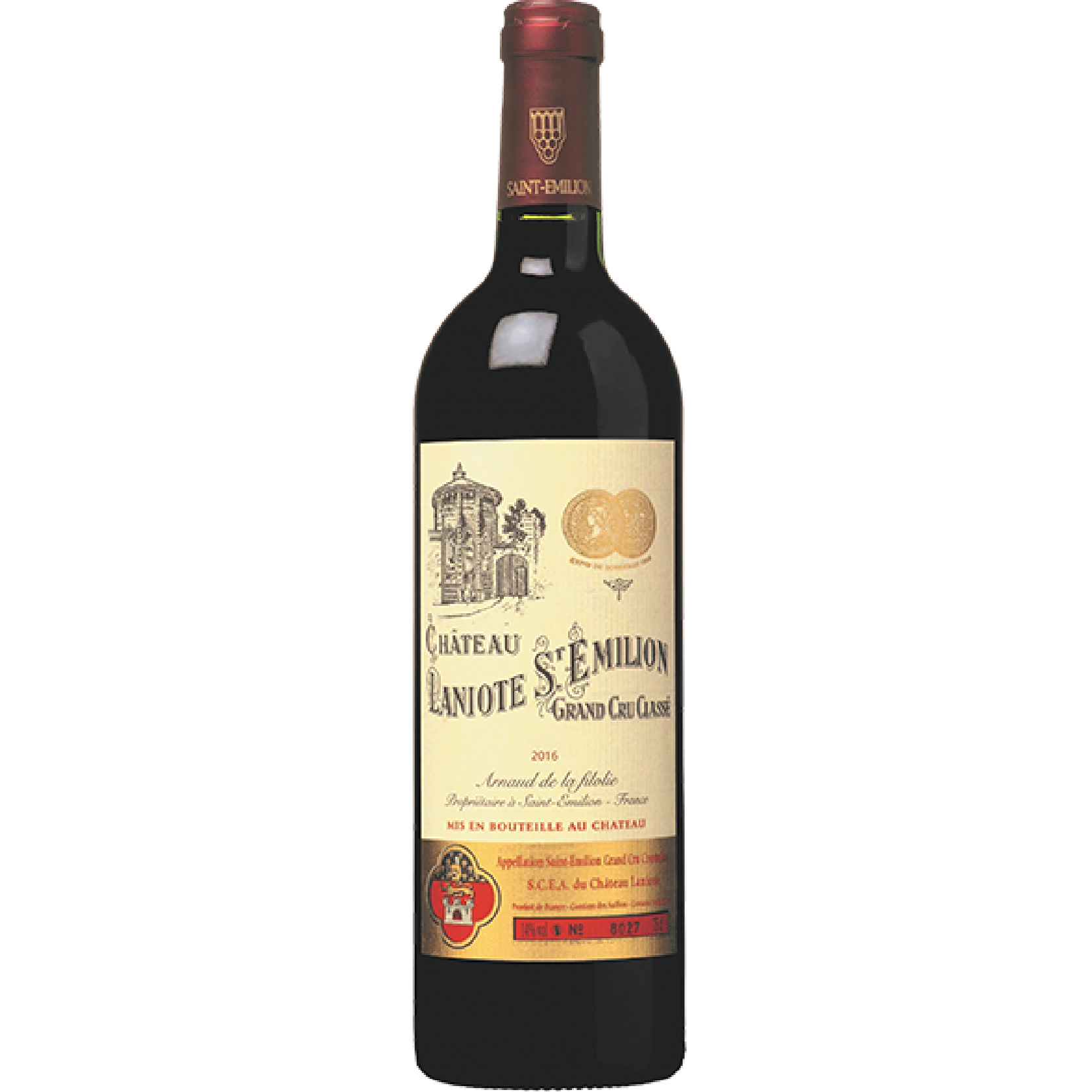 Bottle of Château Laniote Grand Cru Classé Saint-Émilion, elegant red Bordeaux with ripe black fruits, refined oak, and silky, polished tannins.