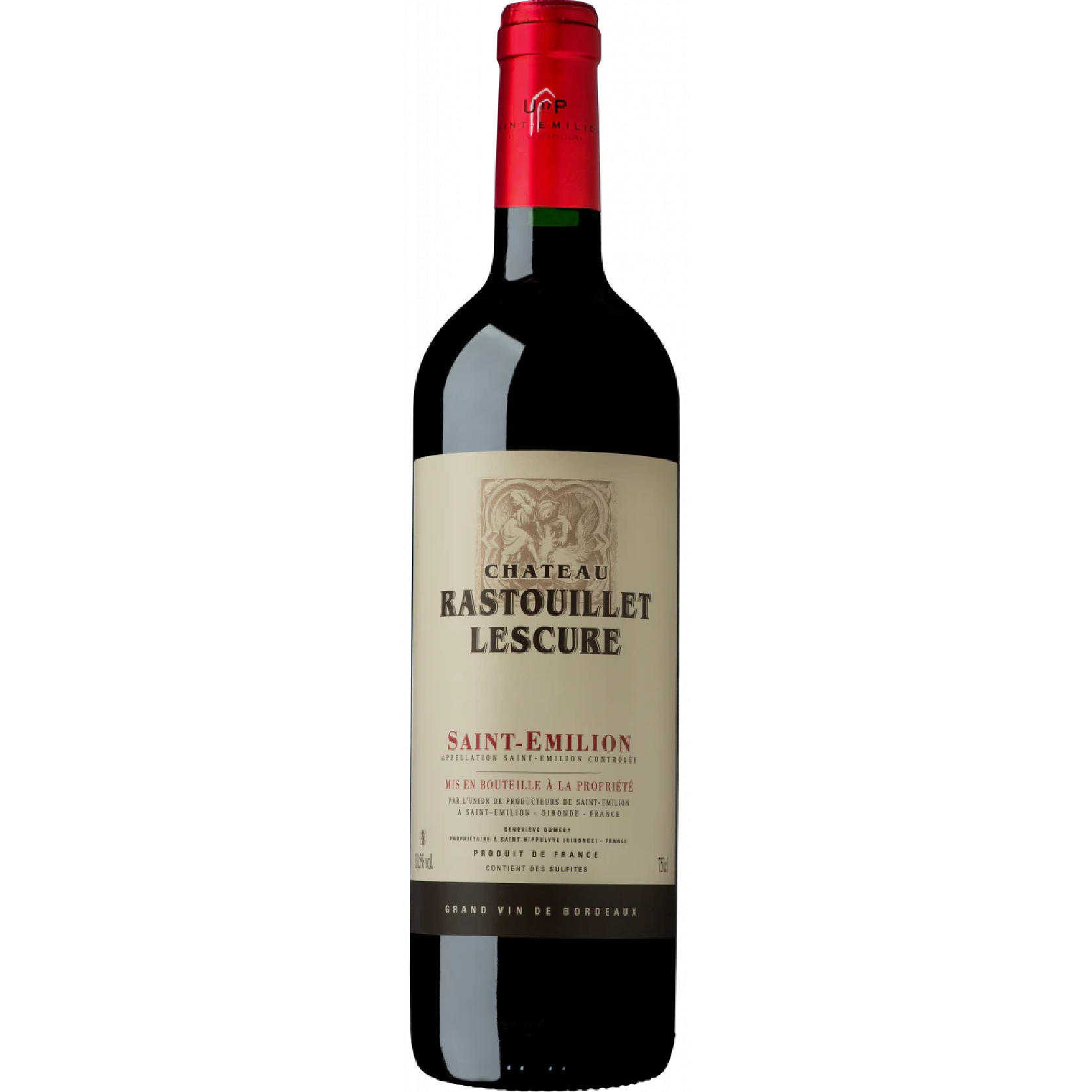 Bottle of Château Rastouillet Lescure Saint-Émilion with elegant label, showcasing a refined red wine known for its silky tannins and fruity, balanced profile.