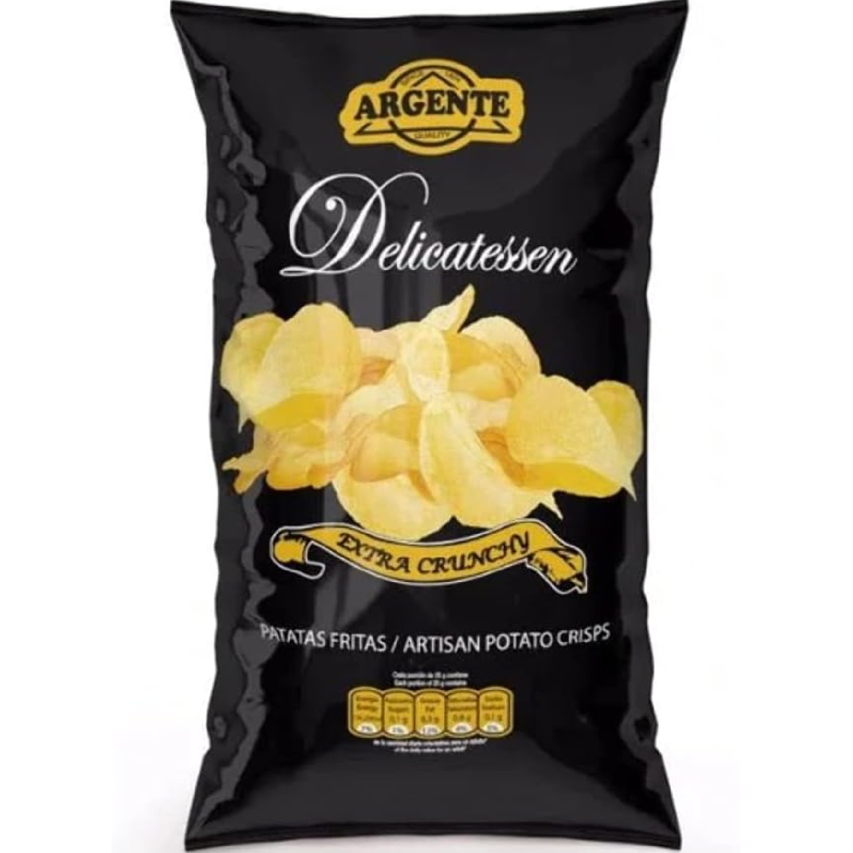 Artisan Potato Chips Extra Crunchy Argente 180g – golden, crispy gourmet chips ideal for snacking or appetizers.