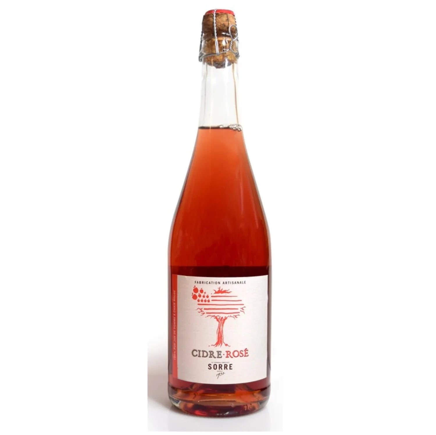 Bottle of Rosé Cider by SORRE, a premium cider from Brittany, France, featuring a delicate pink-orange color and a blend of fresh apples and red fruits. The cider is semi-sweet with light carbonation, ideal for pairing with salads, seafood, and soft cheeses. The image showcases the elegant bottle of this refined cider.