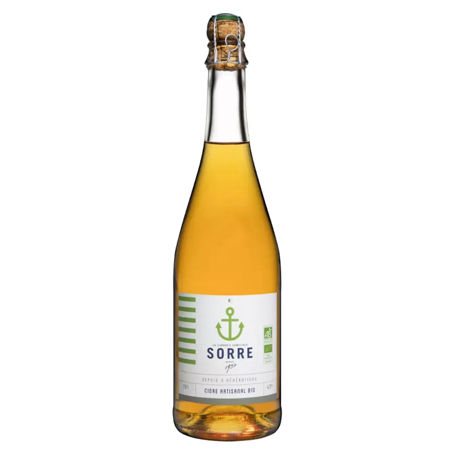Bottle of Cider Bio Brut Marinière by SORRE, a premium organic cider from Brittany, France, featuring a bright golden color and a blend of fresh apples and subtle floral notes. The cider is dry and crisp with lively carbonation, ideal for pairing with seafood, grilled meats, and cheese platters. The image showcases the elegant bottle of this environmentally friendly cider.