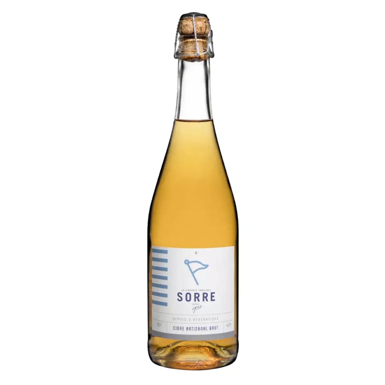 Bottle of Cider Bio Brut Marinière by SORRE, a premium organic cider from Brittany, France, featuring a bright golden color and a blend of fresh apples and subtle floral notes. The cider is dry and crisp with lively carbonation, ideal for pairing with seafood, grilled meats, and cheese platters. The image showcases the elegant bottle of this environmentally friendly cider.