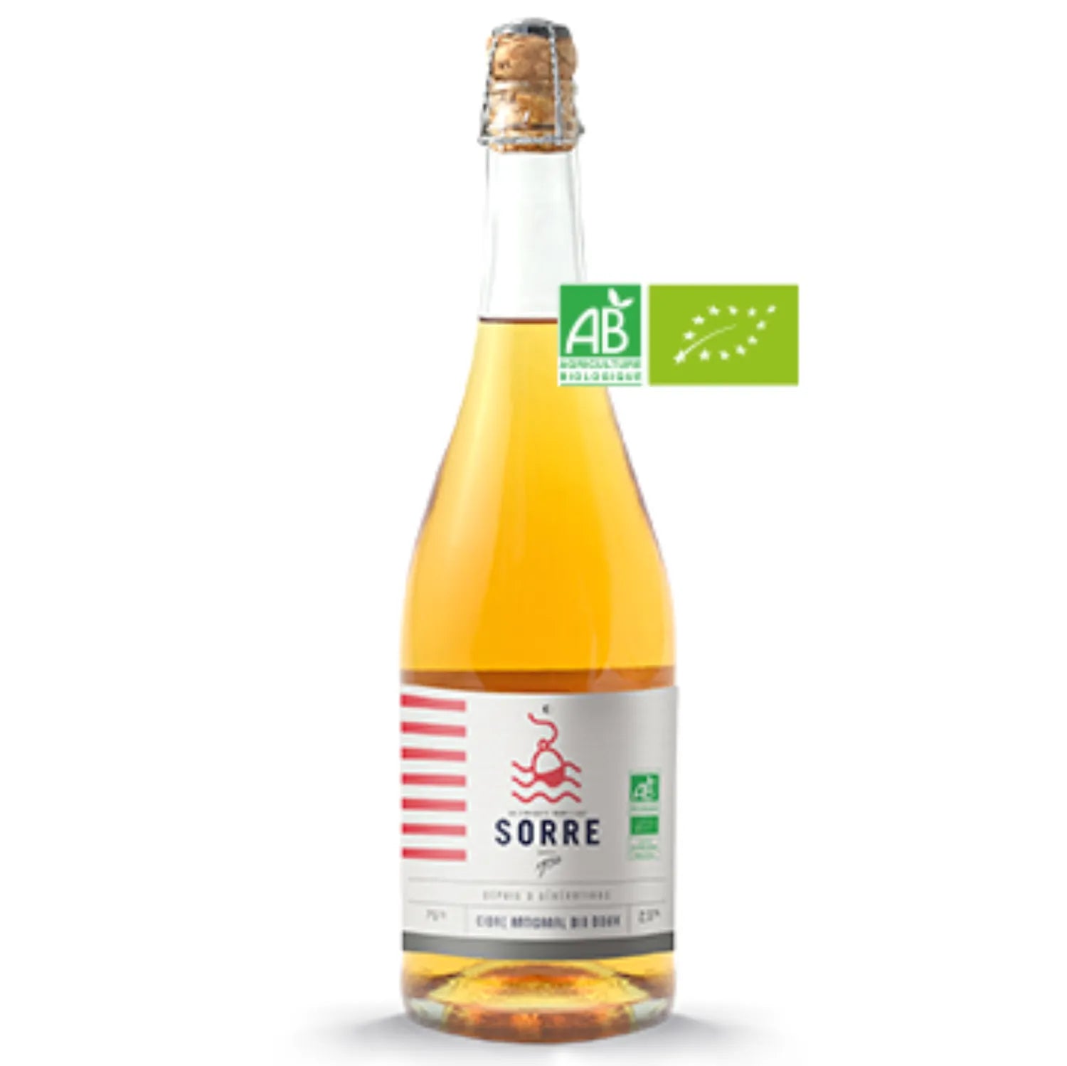 Bottle of Sweet Bio Cider by SORRE, a premium organic cider from Brittany, France, featuring ripe apples and a hint of honey. The cider offers a sweet and smooth profile with balanced acidity, ideal for pairing with desserts, fruit salads, and light cheeses. The image showcases the elegant bottle of this environmentally friendly cider.