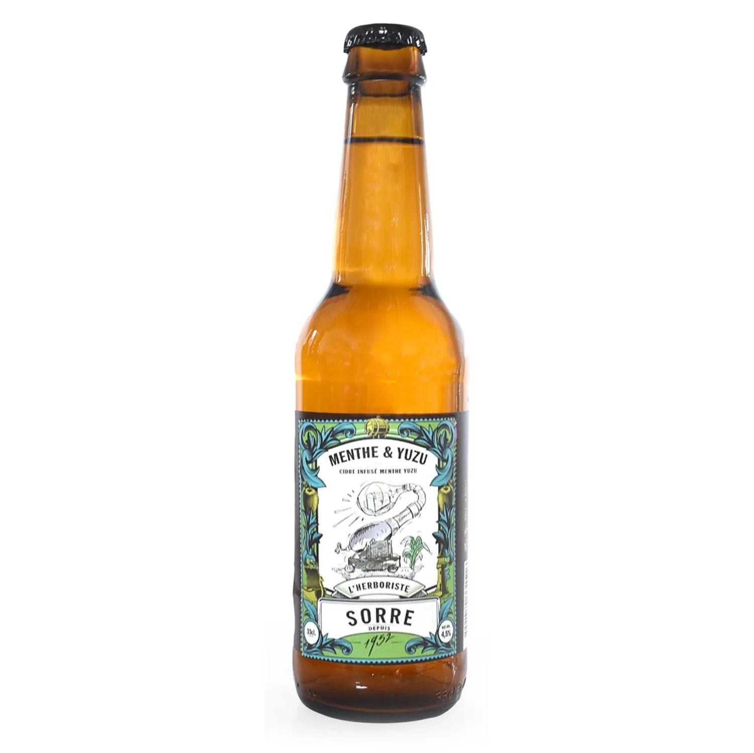 Bottle of Cider Mint & Yuzu by SORRE, a premium cider from Brittany, France, featuring a blend of crisp apples, zesty yuzu citrus, and cooling mint. The cider offers a refreshing and balanced profile perfect for pairing with light salads, seafood, and Asian cuisine. The image showcases the elegant bottle of this distinctive beverage.