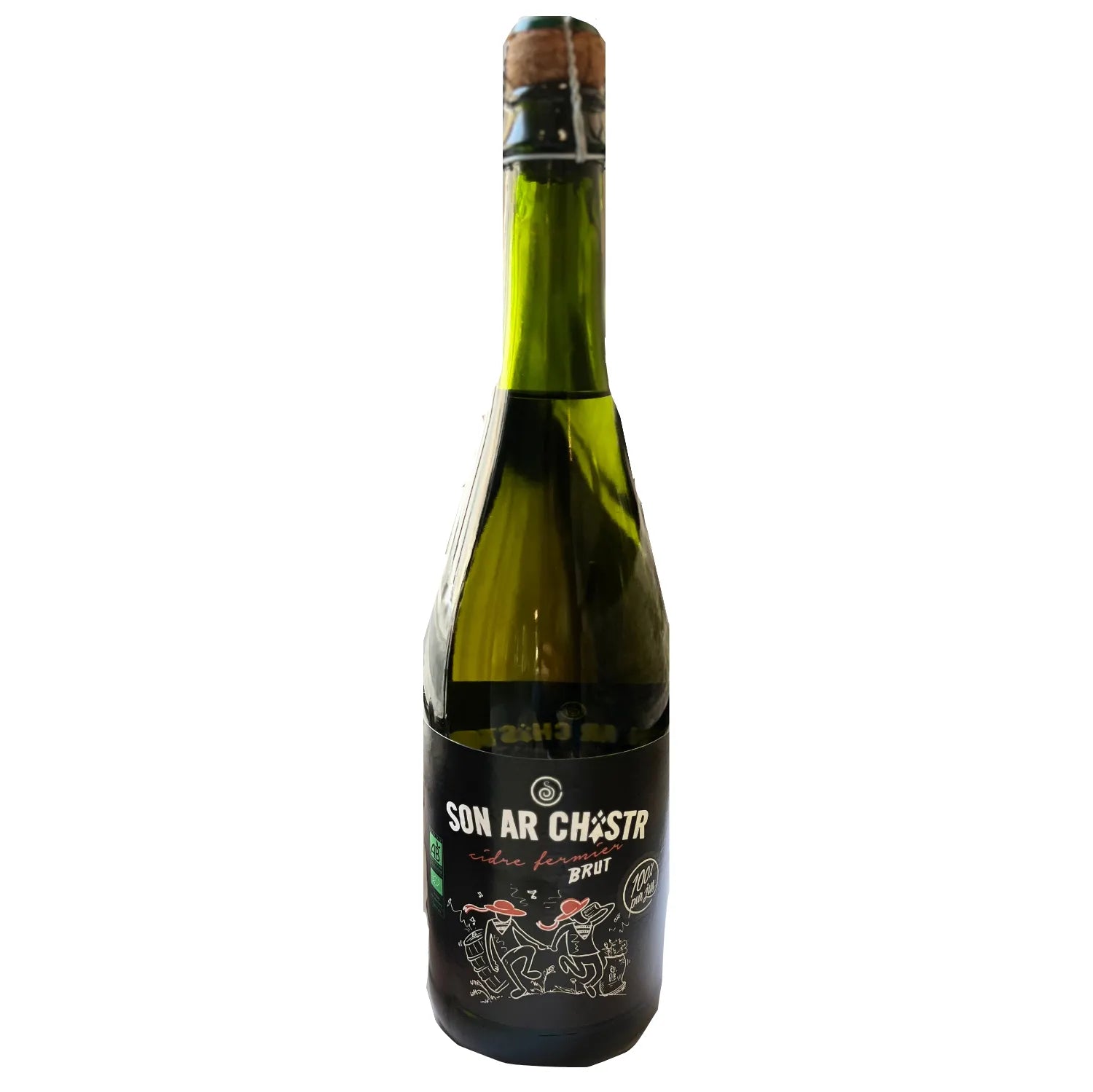 Bottle of Farm Cider by SORRE, a premium cider from Brittany, France, featuring a blend of fresh apples and earthy notes. The cider offers a well-rounded, naturally sweet profile perfect for pairing with hearty meals, farmhouse cheeses, and rustic dishes. The image showcases the elegant bottle of this traditional beverage.