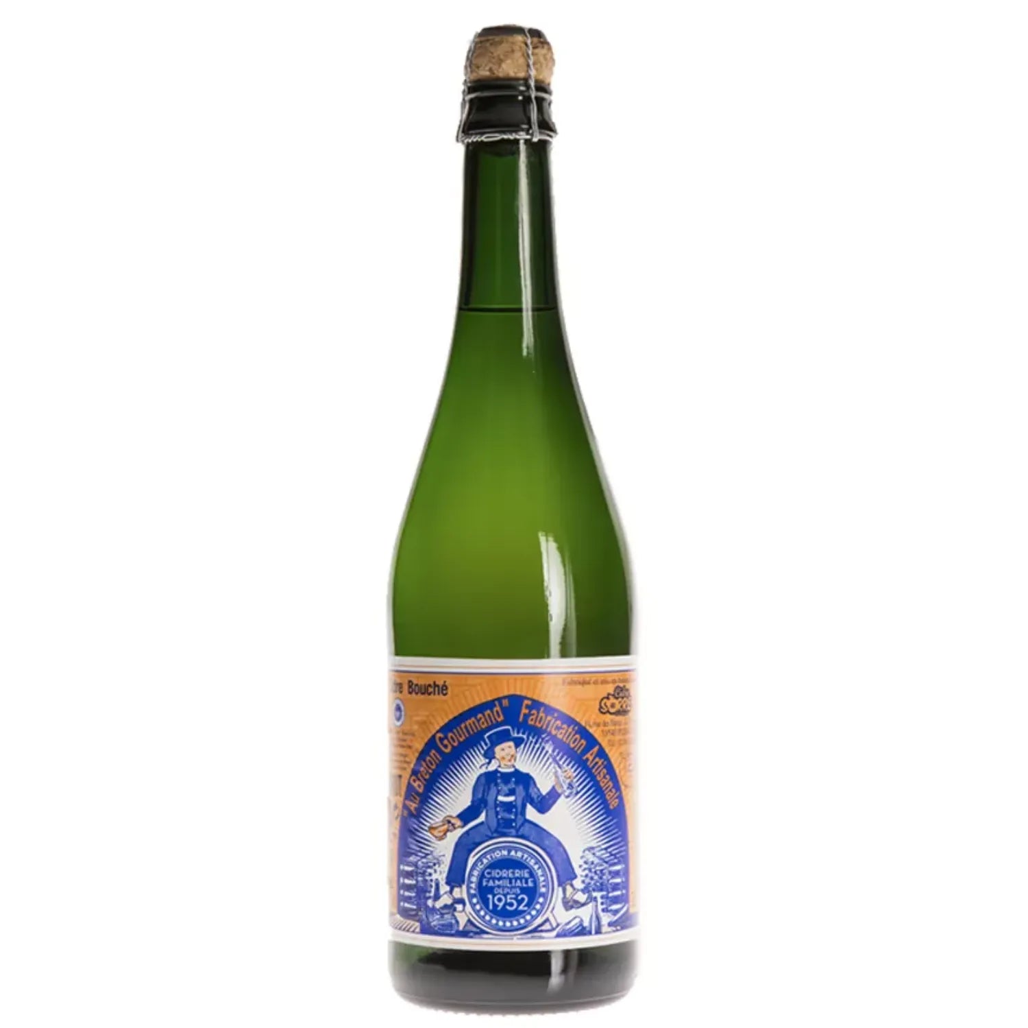 Bottle of Cider Brut Breton Gourmand by SORRE, a premium cider from Brittany, France, featuring a blend of fresh apples and field herbs. The cider offers a light, crisp profile with characteristic sourness, perfect for pairing with poultry, fish, snacks, pies, and grilled meats. The image showcases the elegant bottle of this refined beverage.