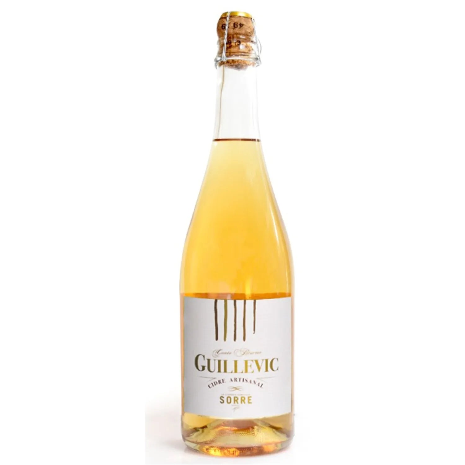 A bottle of Cidre Guillevic de Sorre, a premium sweet golden cider from Brittany, France. Produced by the renowned SORRE winery, this cider is crafted from carefully selected organic apples. With an alcohol content of 3%, it offers a delightful taste experience. Perfect for pairing with desserts, fruit salads, and light cheeses, this non-vintage cider is a testament to the rich cider-making tradition of the Brittany region.