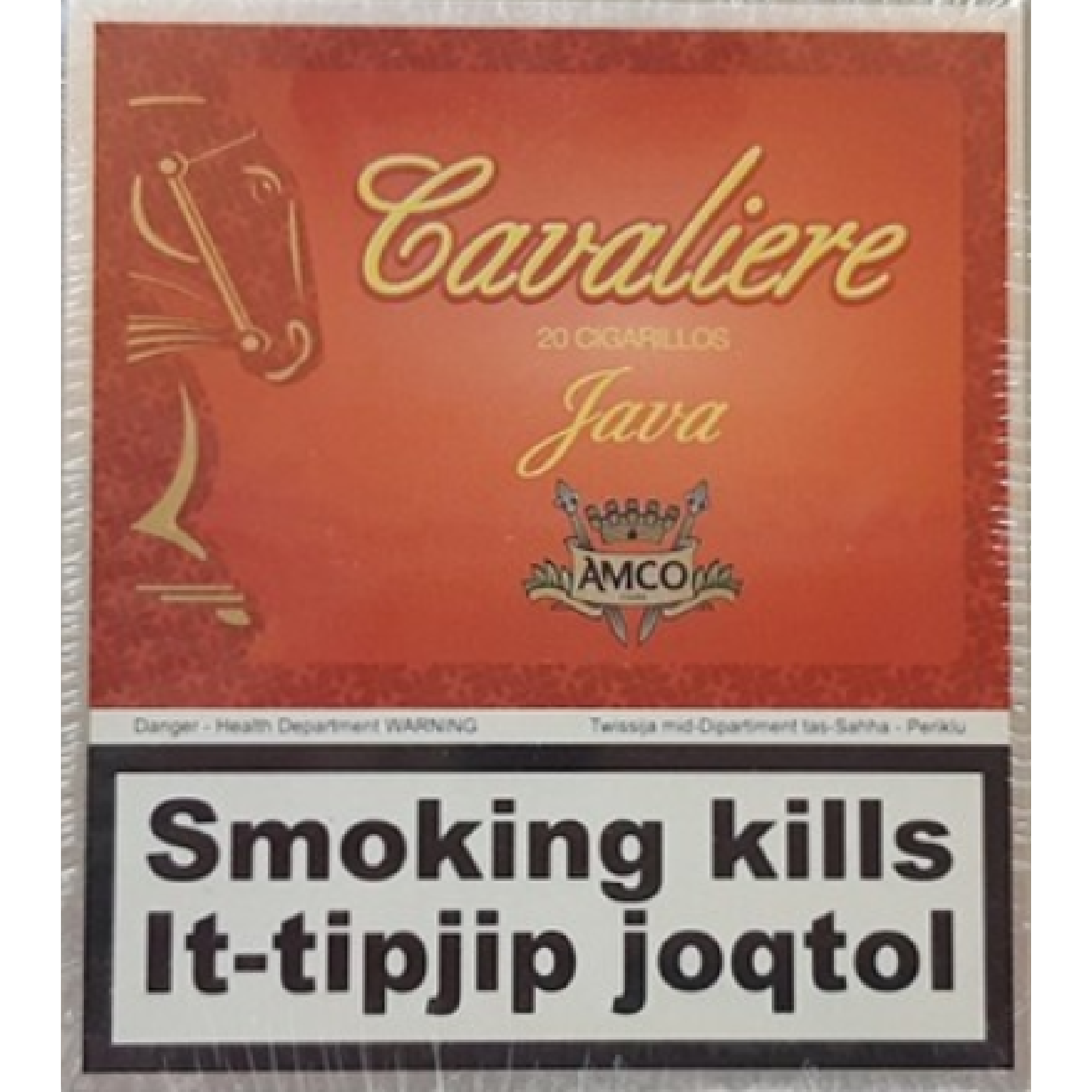 Pack of 20 Cavaliere Java cigarillos, compact premium cigarillos with warm tobacco tones and elegant packaging presentation.
