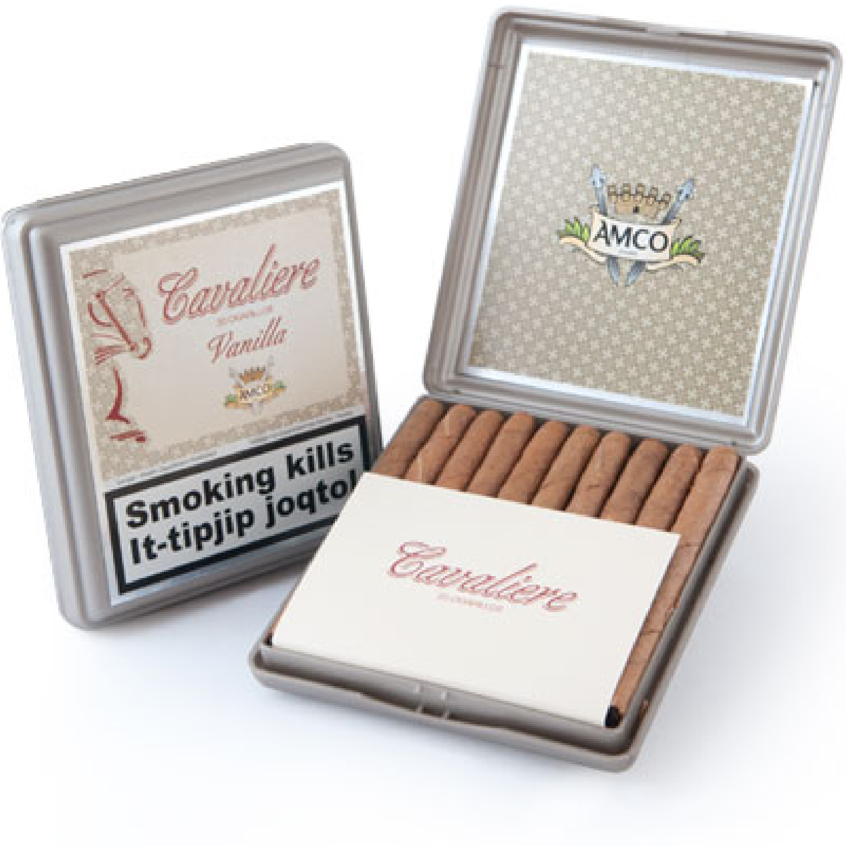 Pack of 20 Cavaliere Vanilla cigarillos, compact cigars with smooth vanilla flavor and elegant packaging presentation.