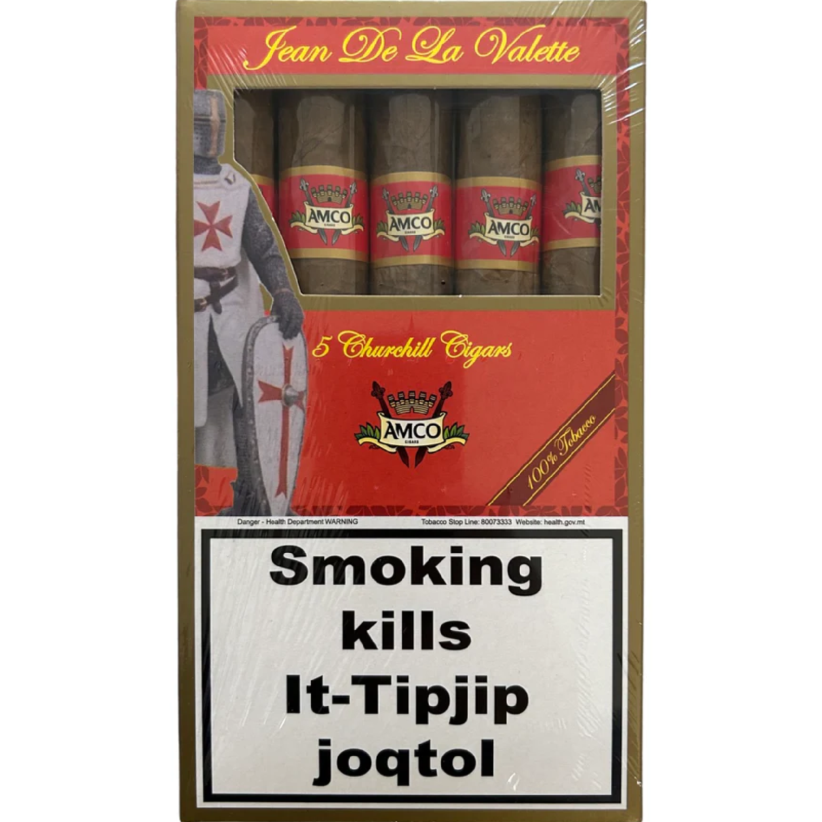 Pack of 5 Jean de la Valette Churchill cigars from Malta, premium handmade cigars with wooden box presentation and rich tobacco leaves.
