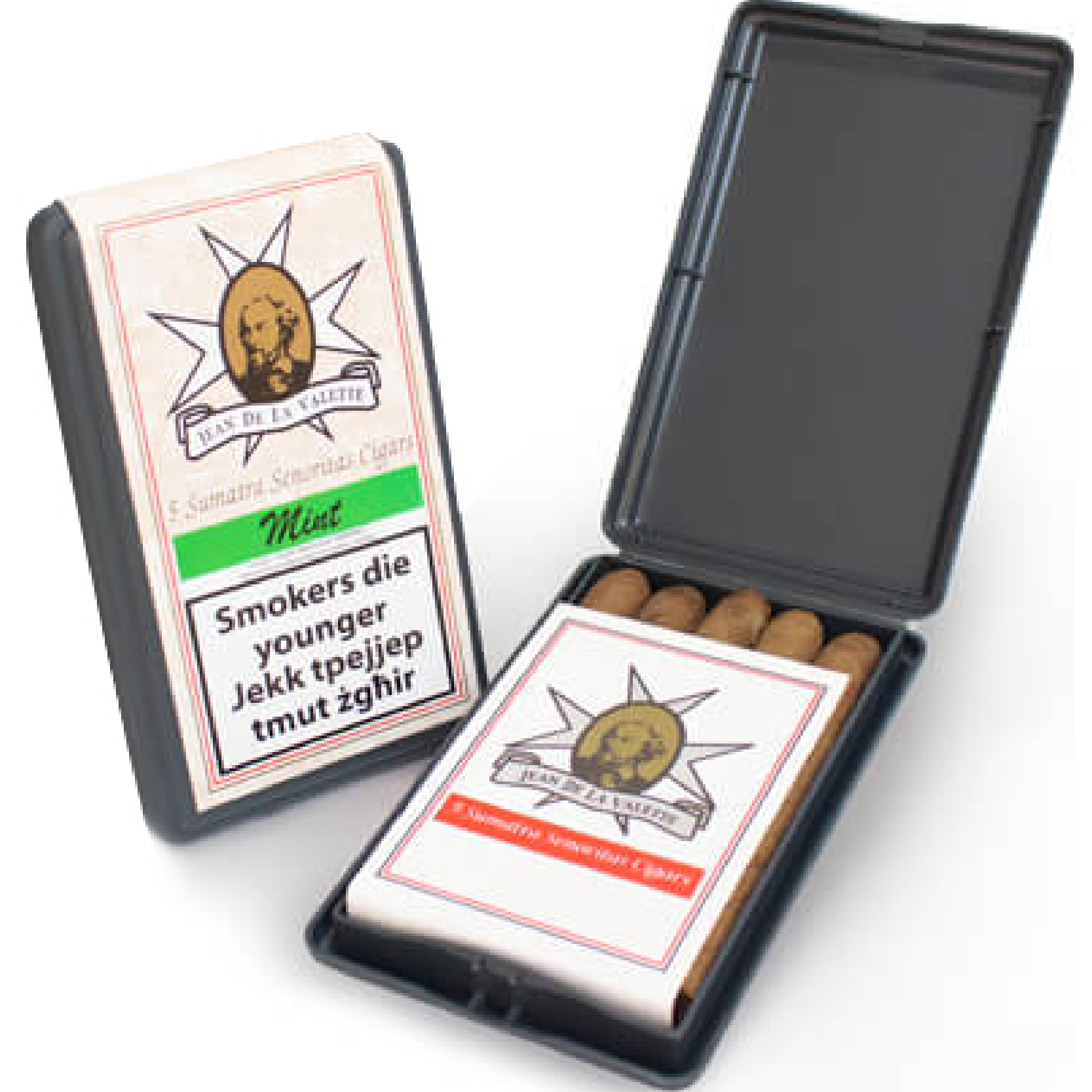 Pack of 5 Jean De La Valette Sumatra Senorita cigars, small premium cigars with earthy tobacco notes and elegant packaging presentation.