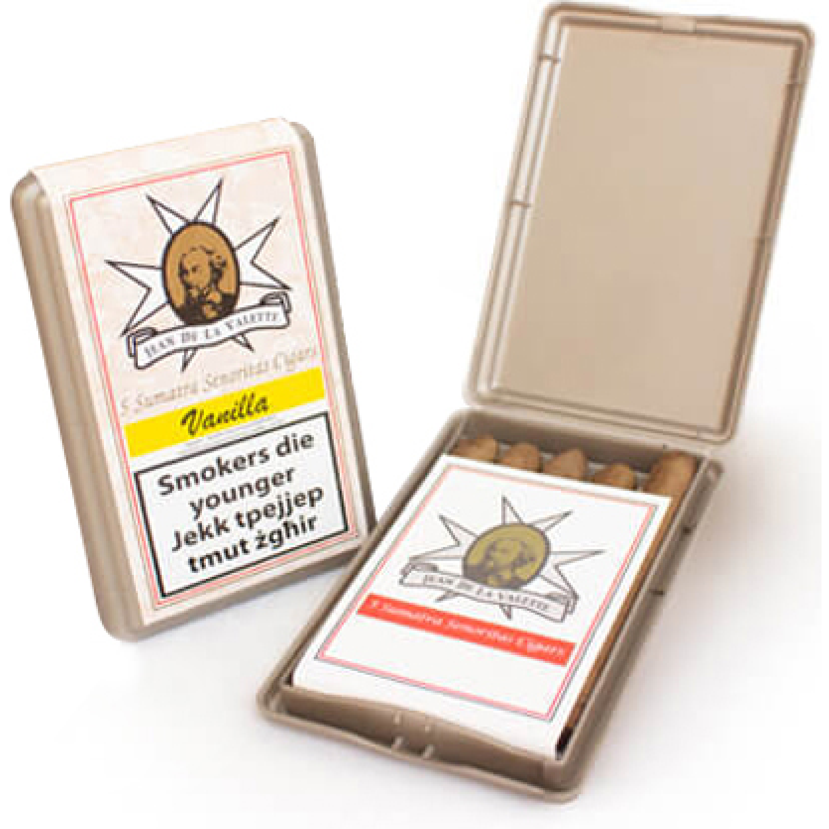 Pack of 5 Jean De La Valette Vanilla Senorita cigars, small premium cigars with creamy vanilla flavor and elegant presentation.