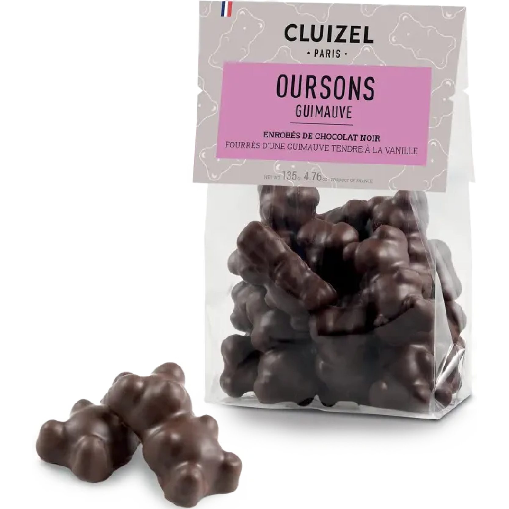Chocolate marshmallow bears by Cluizel Paris in a 135g box, featuring soft marshmallow coated in dark and milk chocolate.