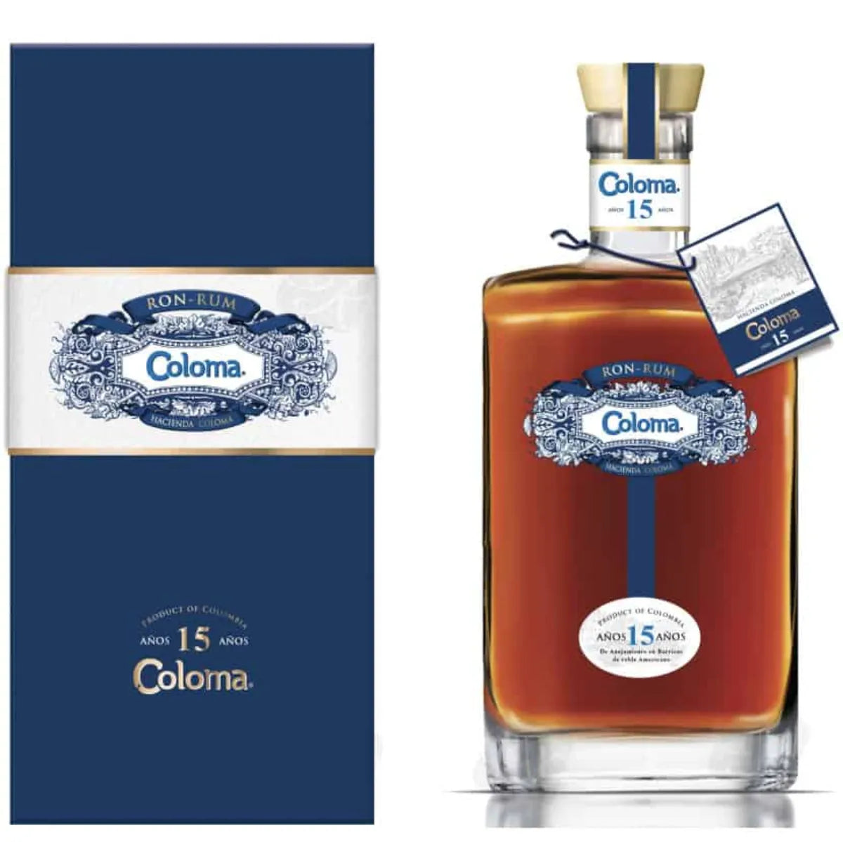 Coloma 15-Year-Old Premium Colombian Rum: Elegant glass bottle showcasing the rich amber color of this artisanal luxury spirit. A crystal tumbler filled with the smooth, aged rum sits beside it, highlighting its deep golden hues. Background evokes the warm, rustic ambiance of a traditional Colombian distillery, with hints of oak barrels and sugarcane fields. The image captures the essence of this small-batch rum, aged for 15 years in American oak bourbon barrels and finished in ex-coffee liqueur casks.