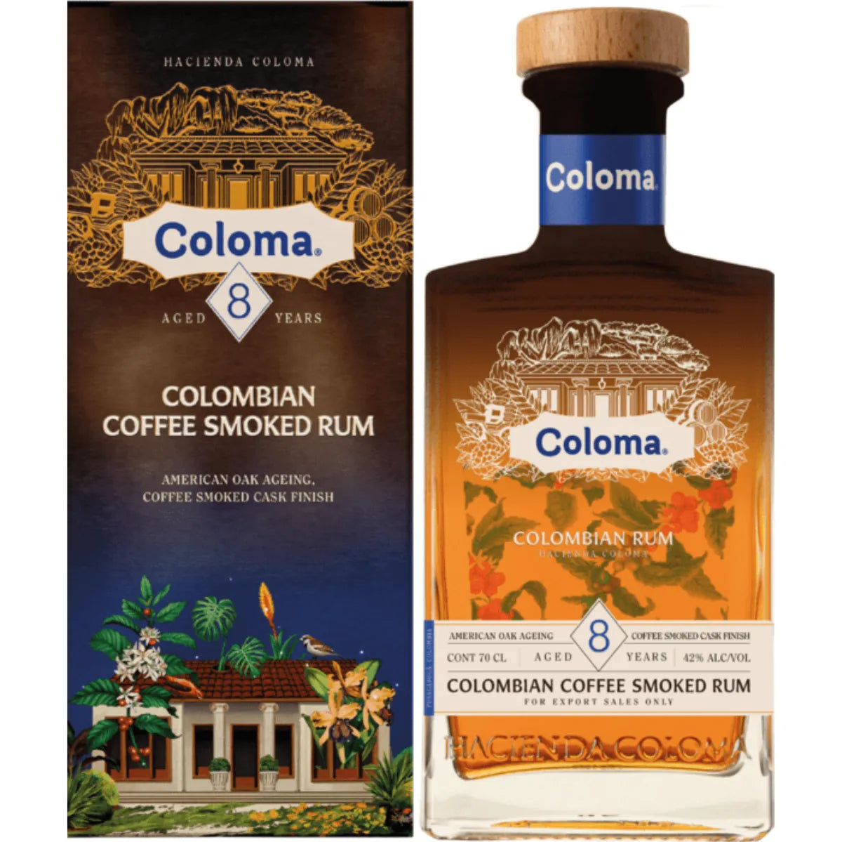 Elegant bottle of Coloma Coffee Smoked Rum, with a gold and blue label, containing a dark amber liquid, presented in a blue box decorated with tropical motifs.