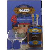Luxurious Coloma Rum Gift Set: Elegant wooden box showcasing a premium bottle of Coloma 15-Year-Old Colombian Rum, accompanied by two crystal tumblers. The rich amber liquid gleams through the bottle, promising complex flavors of vanilla, chocolate, and coffee. Perfect for rum connoisseurs and gift-giving, this set embodies artisanal craftsmanship and Colombian spirits tradition.