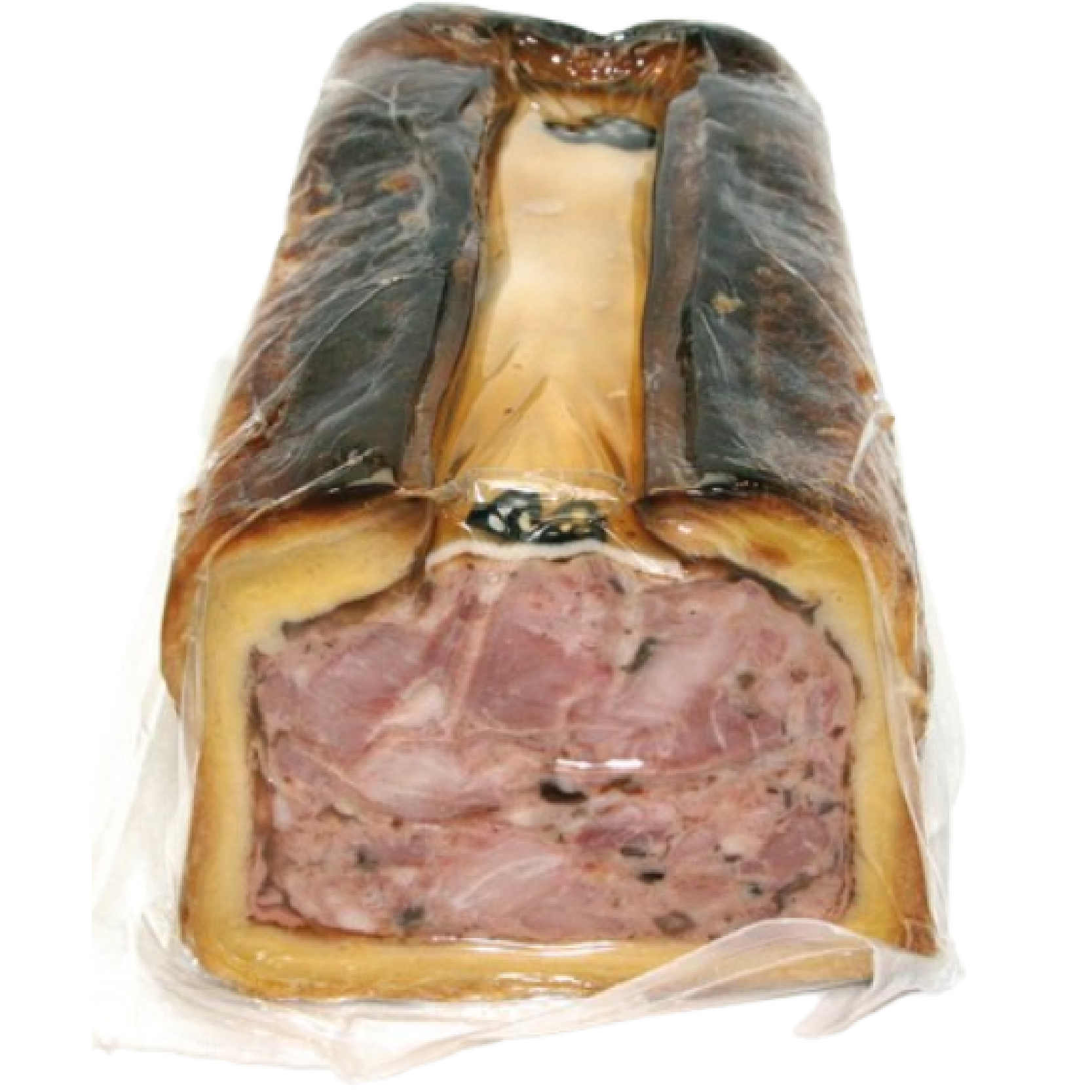 Comté and morel mushroom pâté en croûte sliced in flaky pastry crust, gourmet French delicatessen ideal for charcuterie and appetizers.