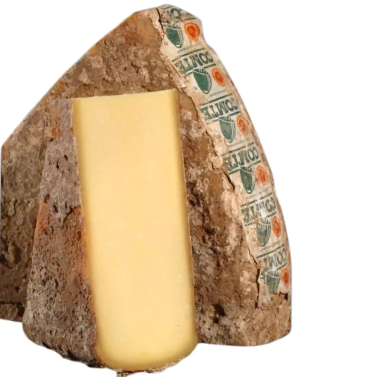 Golden wheel of Comté Grande Réserve, an iconic hard cheese from Franche-Comté. Its granular rind reveals a dense paste speckled with tyrosine crystals. Complex aromas of roasted hazelnuts and brown butter intertwine with subtle fruity and herbaceous notes, testament to a meticulous aging process of 30 to 42 months. This exceptional cheese, with 32-34% fat content, promises a rich and refined tasting experience, ideal when paired with Jura wines.