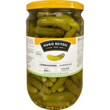 Jar of Cornichons Hugo Reitzel 72cl, crunchy pickled gherkins in vinegar brine, classic gourmet condiment for charcuterie and sandwiches.