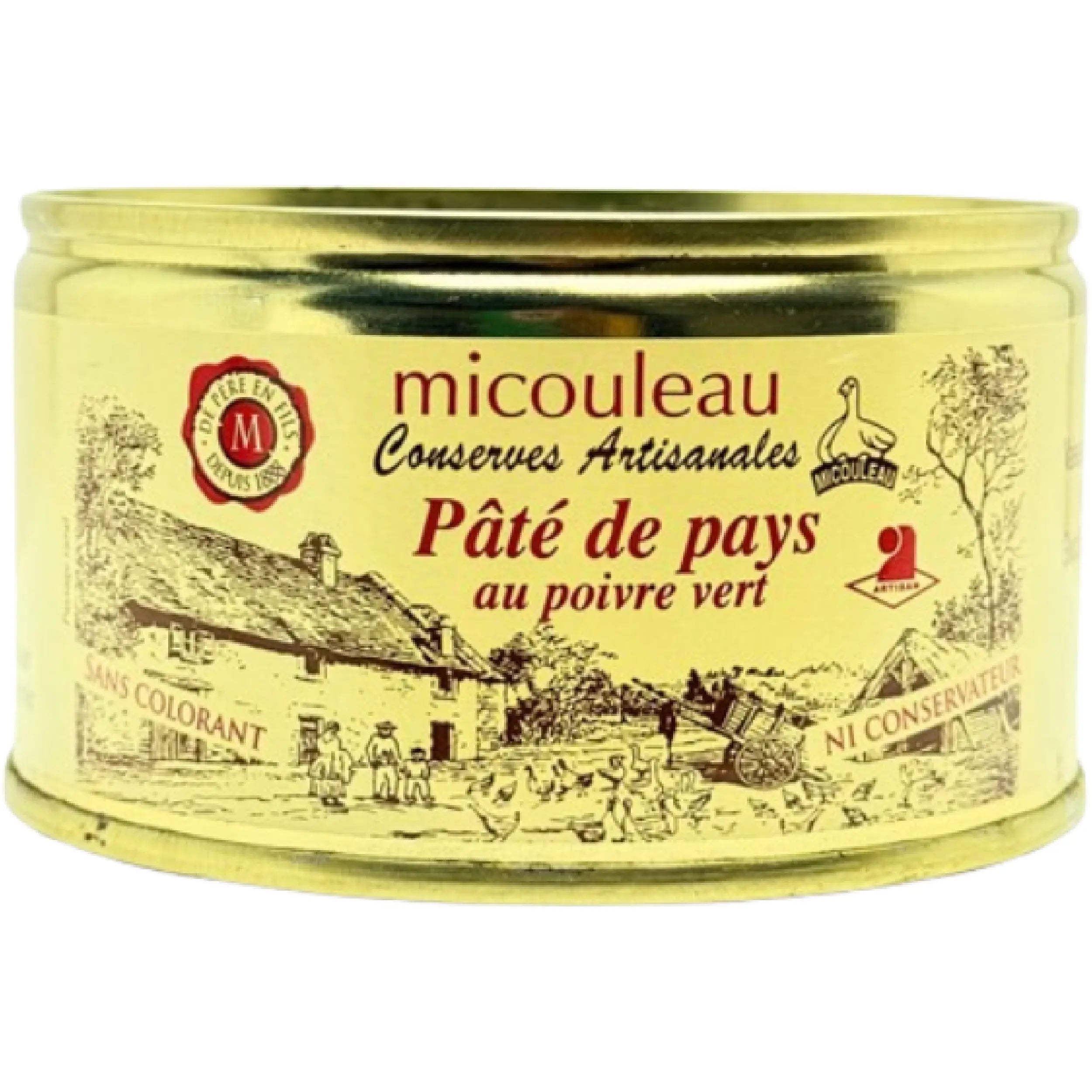 Country Pâté with Green Pepper Micouleau 200g: rustic French pâté with green pepper, rich and savory, perfect for aperitifs & charcuterie boards.