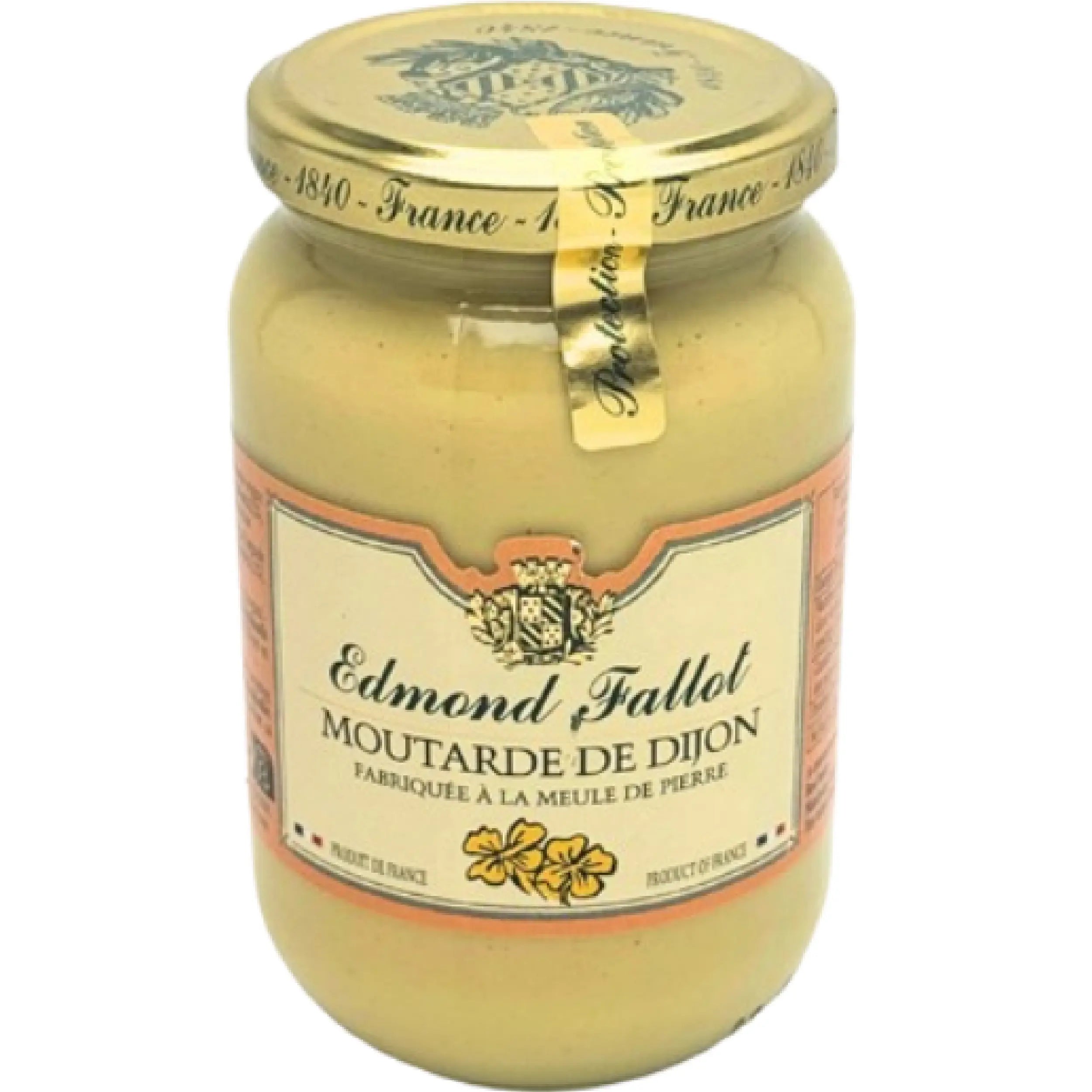 Jar of Dijon Mustard Edmond Fallot 390g, traditional French mustard with smooth texture and bold flavor for gourmet cooking and sauces.
