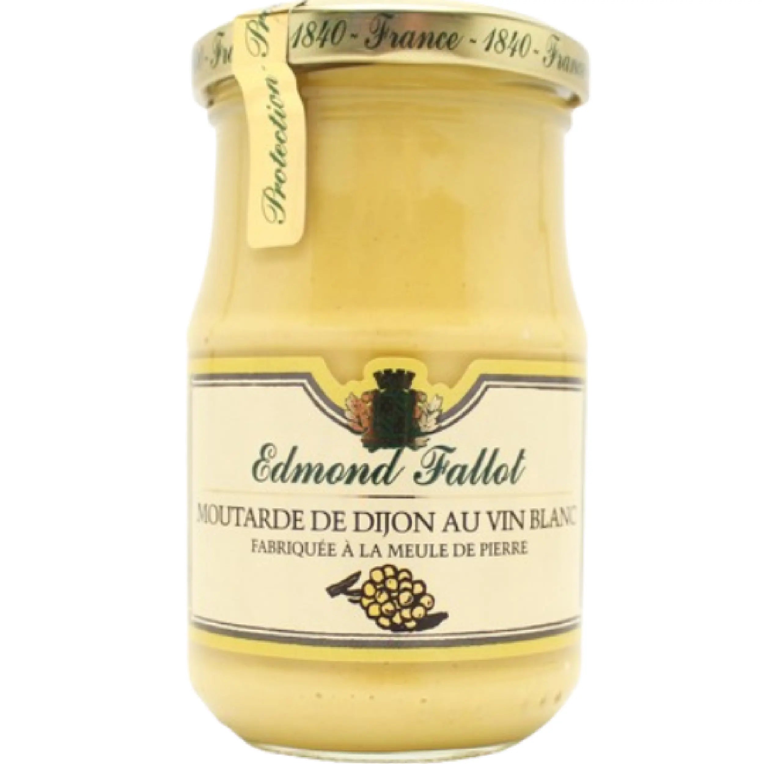 Jar of Dijon Mustard with White Wine Edmond Fallot 210g, smooth French mustard infused with white wine for gourmet cooking and sauces.