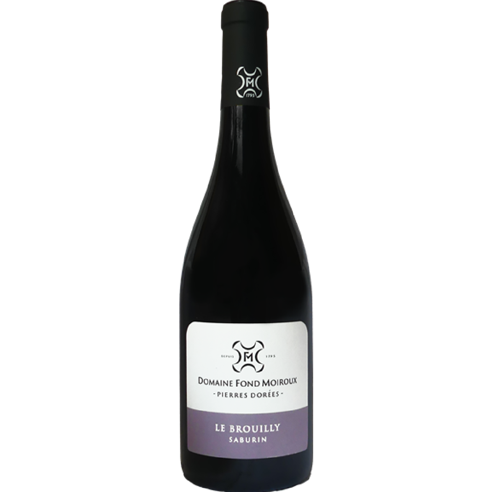 Bouteille de Brouilly 'Saburin' du Domaine Fond Moiroux, vin rouge de Gamay aux arômes de fruits rouges et au caractère fin et élégant.