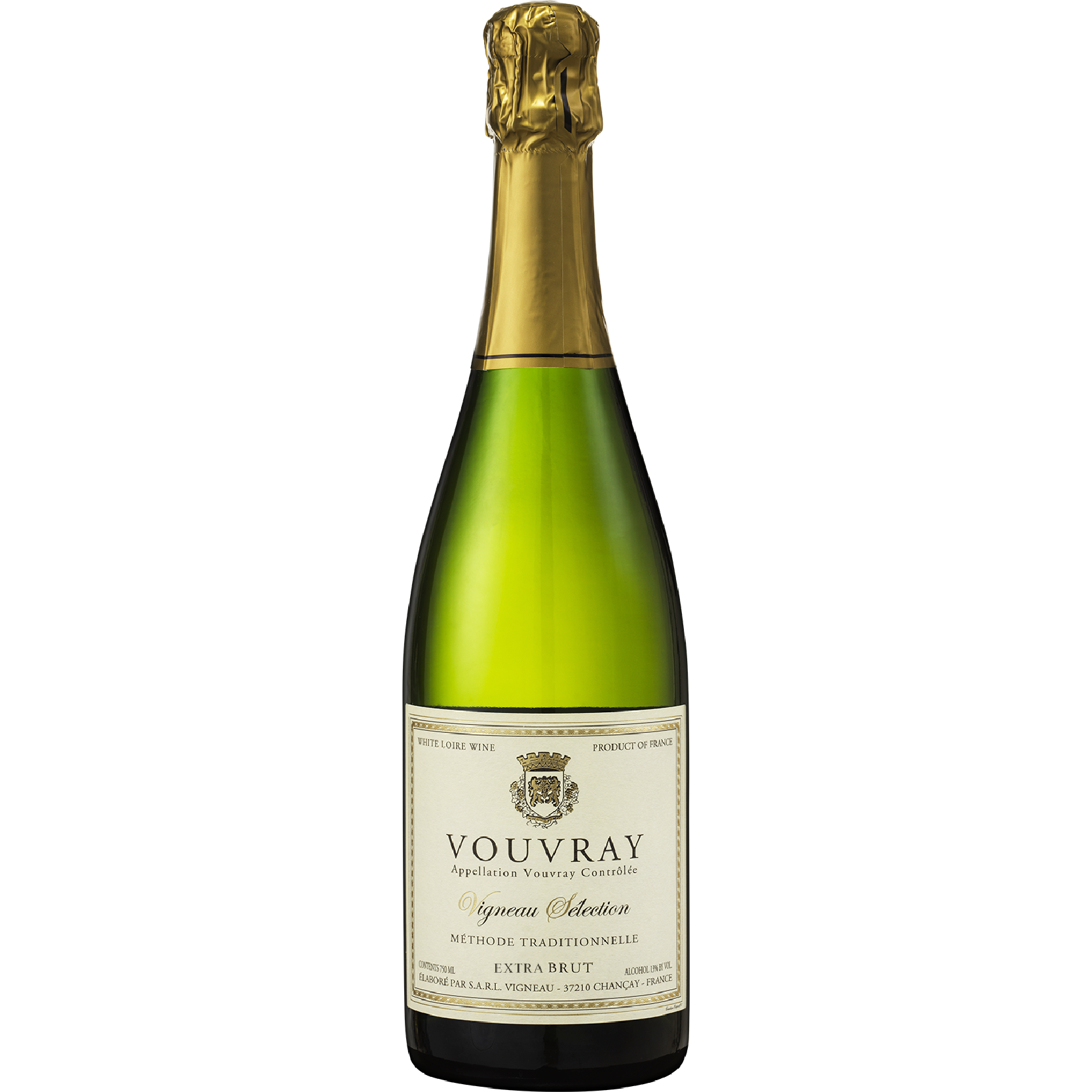 Domaine Vigneau-Chevreau Méthode Traditionnelle AOC Vouvray sparkling wine bottle made from 100% Chenin Blanc with fine bubbles and elegant Loire Valley character.