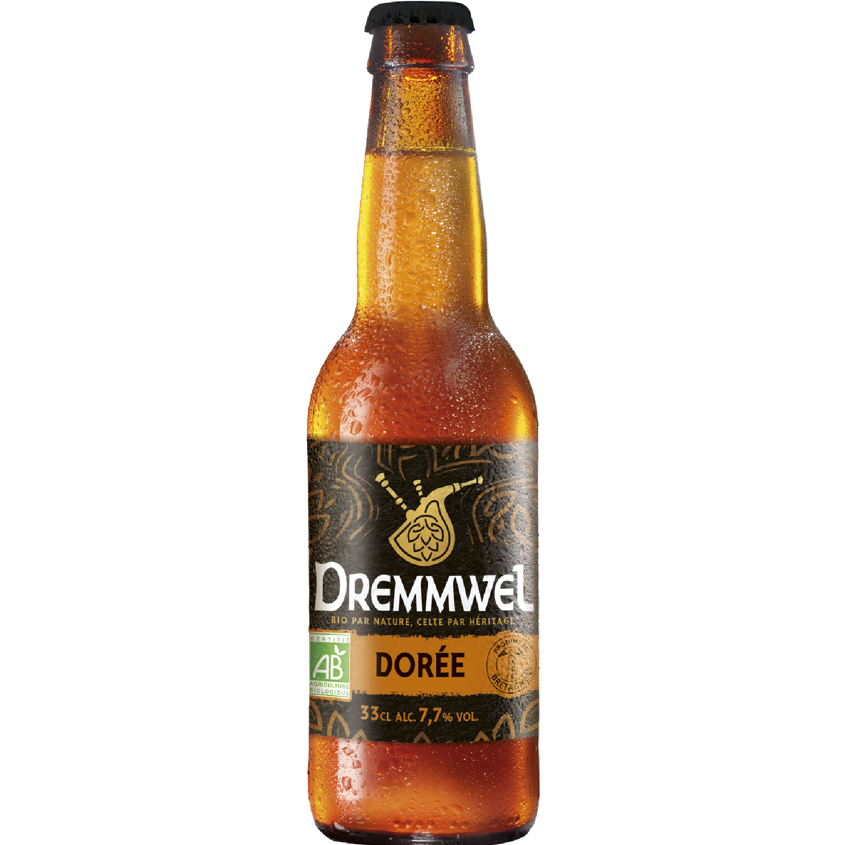 Organic Golden Beer by Dremmwel, Breton craft beer brewed with organic ingredients, featuring golden malt aromas, floral notes, freshness, and elegant character.