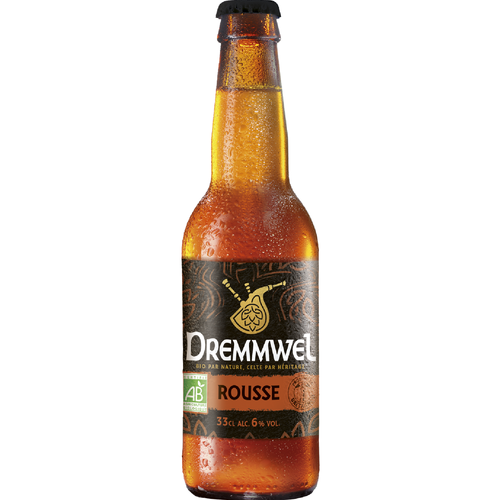 Rousse Beer by Dremmwel, French craft amber beer from Brittany with caramel malt aromas, toasted notes, rich flavor, and artisanal brewing character.