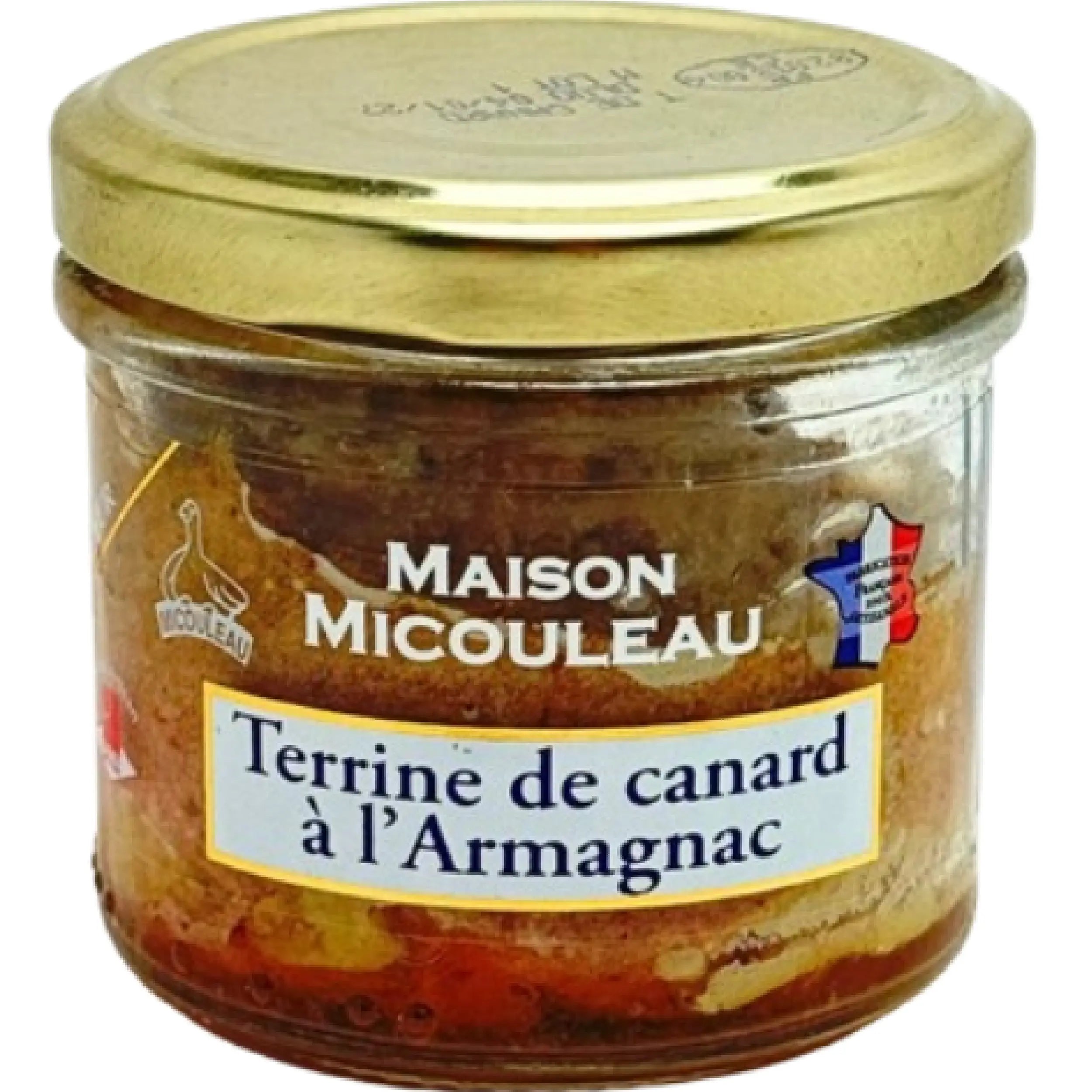 Jar of Duck Terrine with Armagnac Micouleau 90g, French duck terrine with Armagnac, smooth texture and gourmet charcuterie flavor.