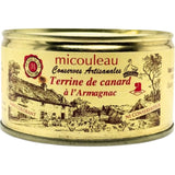 Jar of Duck Terrine with Armagnac Micouleau 200g, traditional French terrine with duck meat and Armagnac, gourmet charcuterie product.