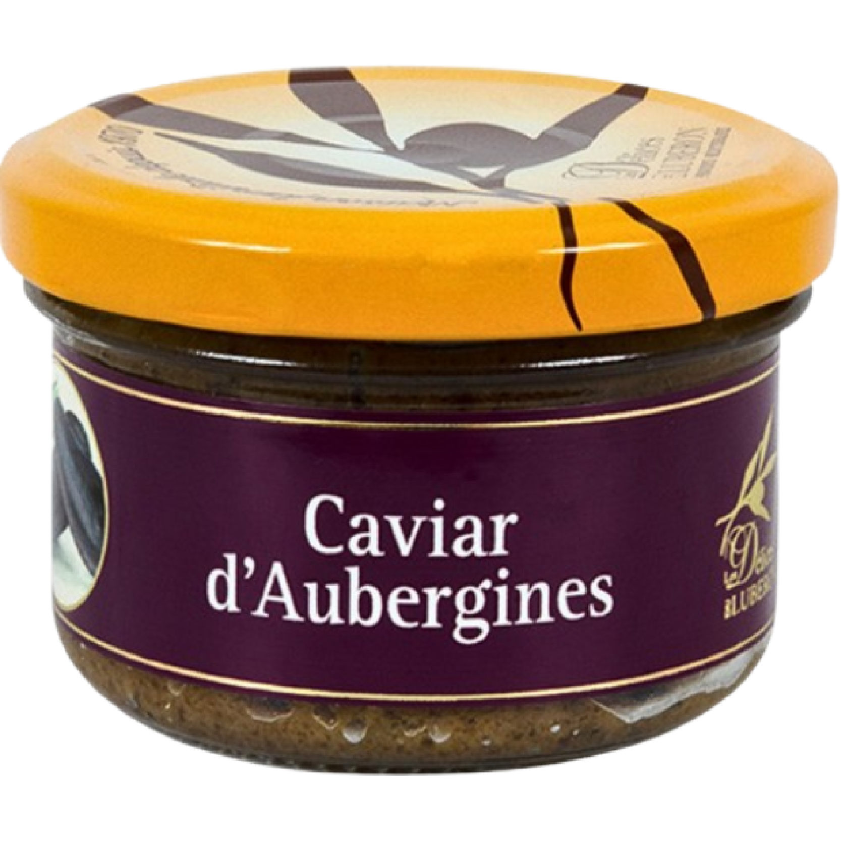 Jar of Eggplant Caviar Les Délices de Luberon 90g, smooth roasted eggplant spread with Mediterranean flavors, gourmet appetizer product.