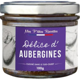 Jar of Eggplant Delight Mes Petites Recettes 100g, creamy Mediterranean eggplant spread with rich vegetable flavor and smooth texture.