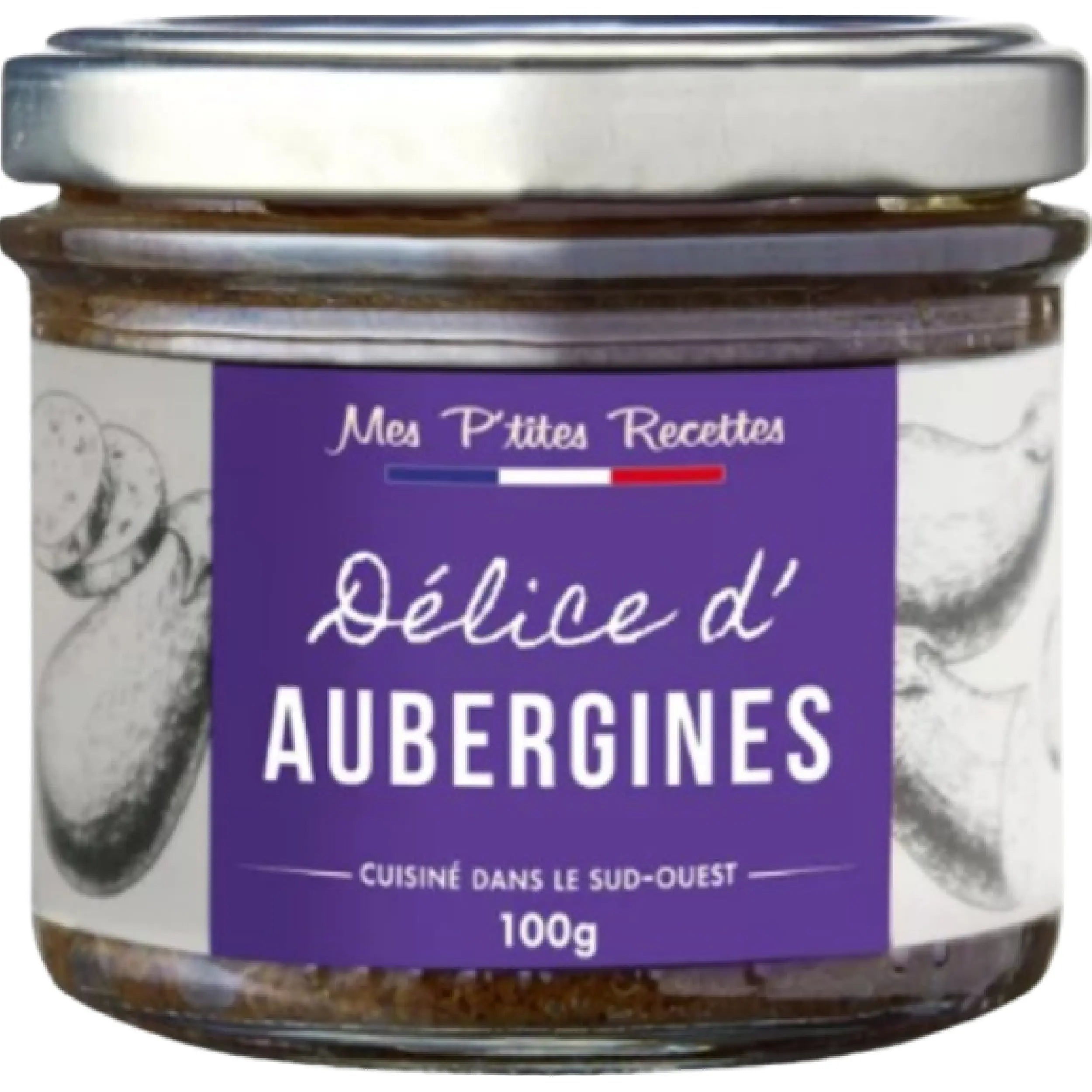 Jar of Eggplant Delight Mes Petites Recettes 100g, creamy Mediterranean eggplant spread with rich vegetable flavor and smooth texture.