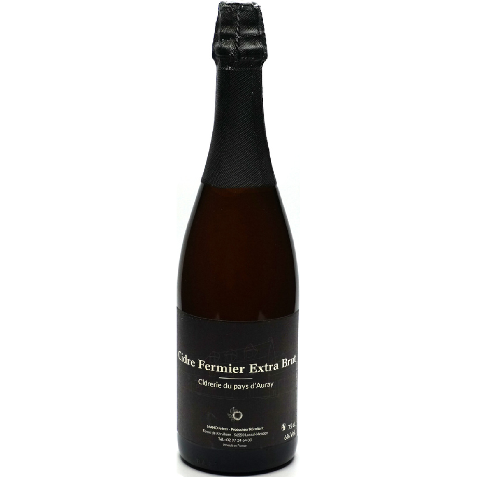 Extra Brut Cider by Cidrerie du Pays d’Auray, artisanal Breton cider with crisp apple aromas, fine natural bubbles, mineral freshness, and elegant character.