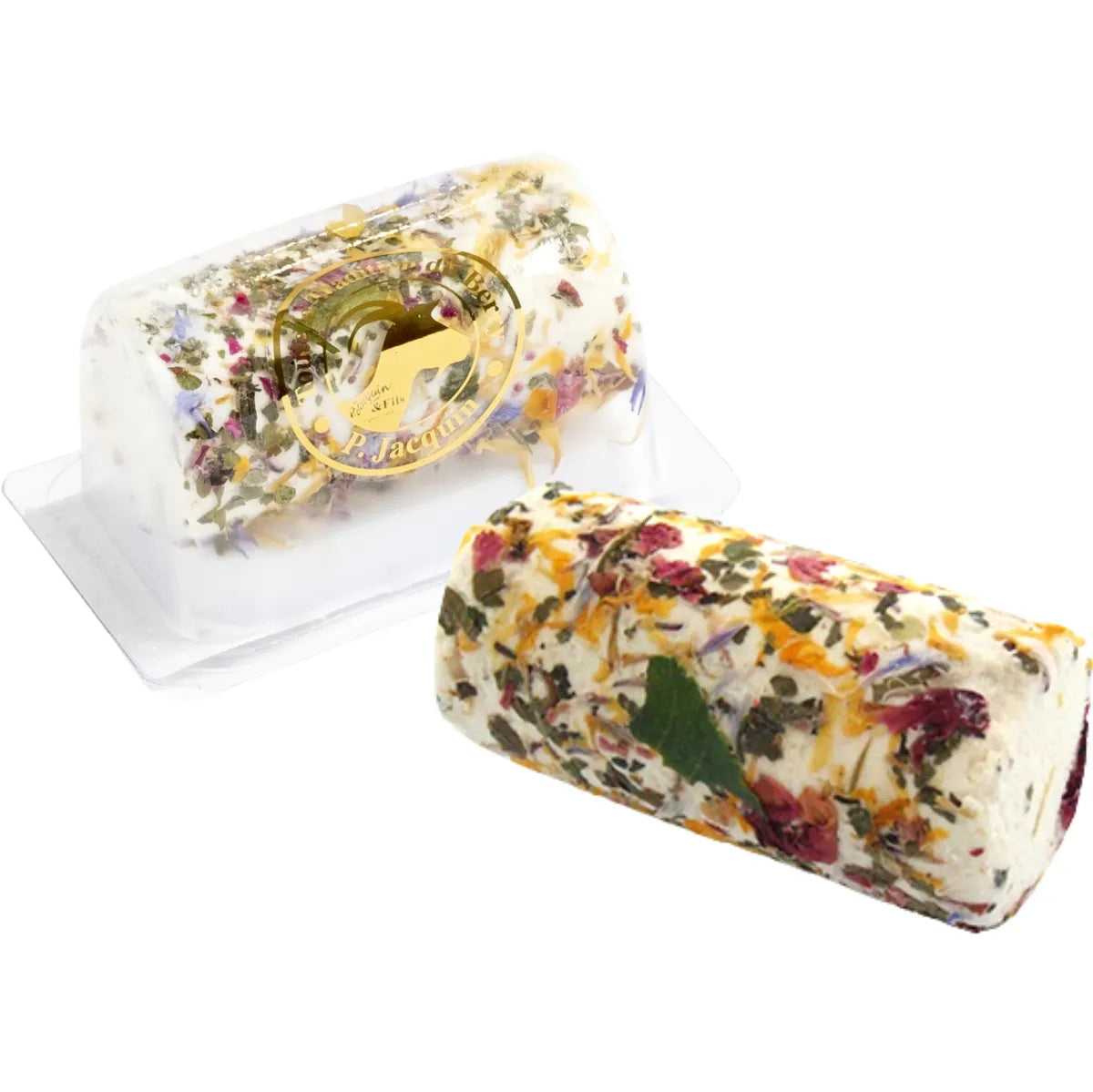 Creamy goat cheese log coated with colorful edible flowers, offering a delicate floral aroma and tangy flavor. Ideal for cheese boards and gourmet pairings.